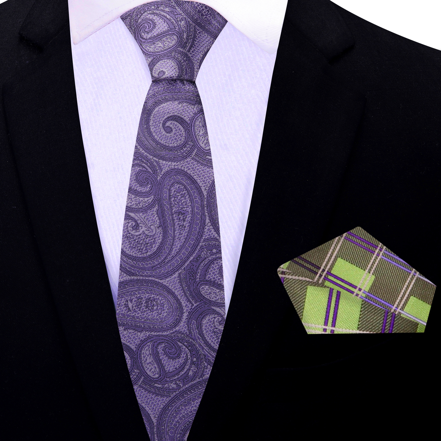 Thin Tie: Purple Paisley Necktie and Green Plaid Square