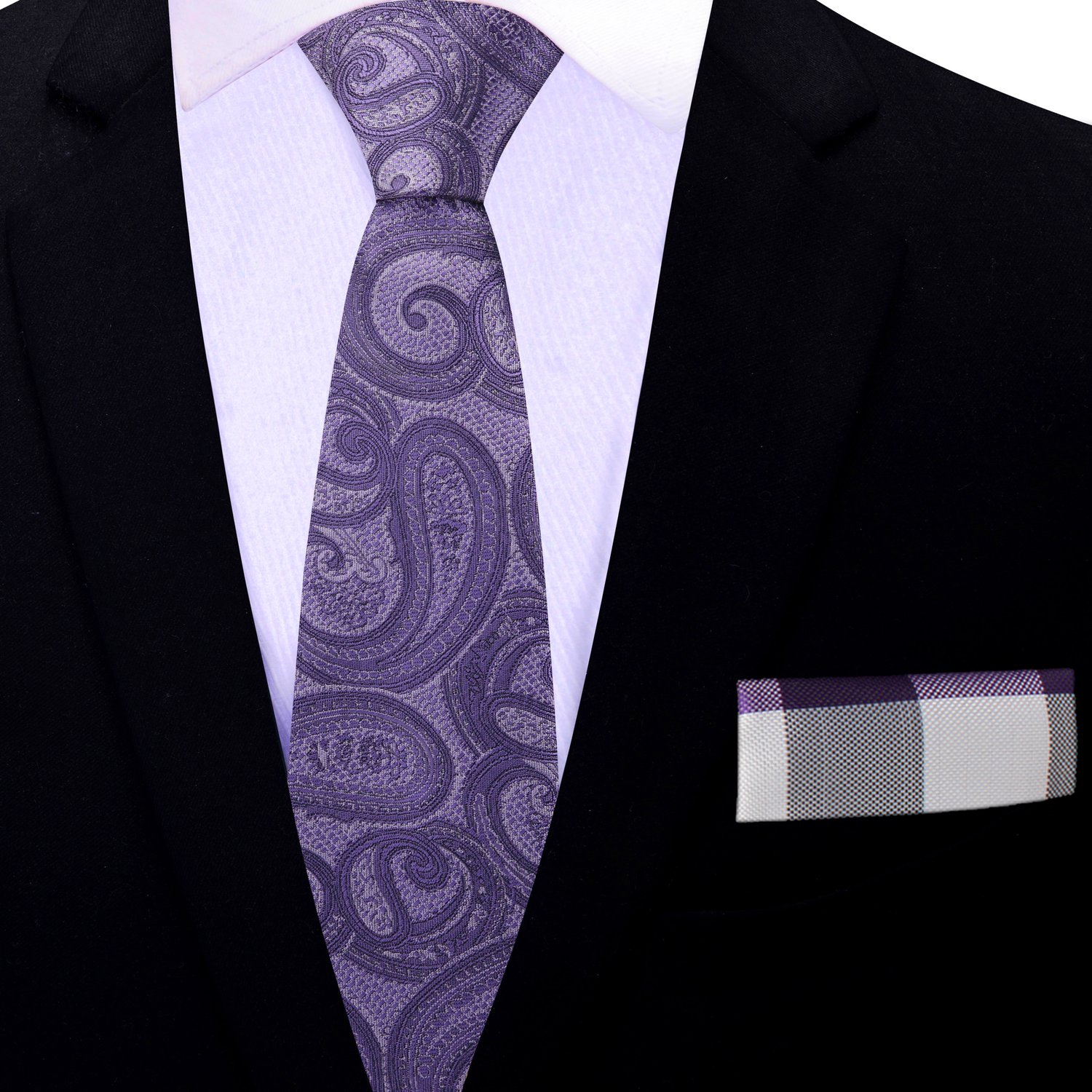 Thin Tie Purple Paisley Necktie and Grey, Purple Plaid Square