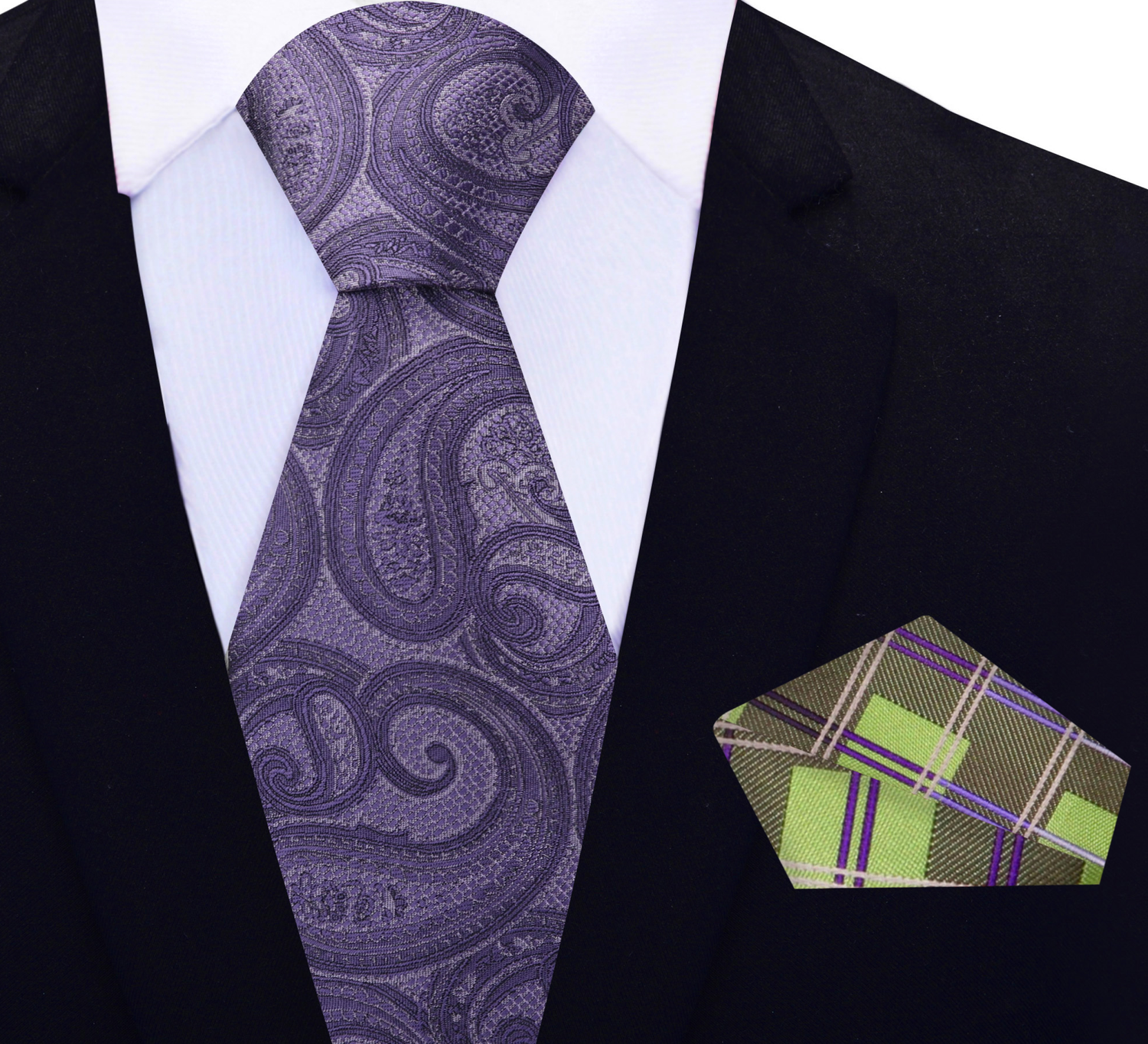 Purple Paisley Necktie and Green Plaid Square