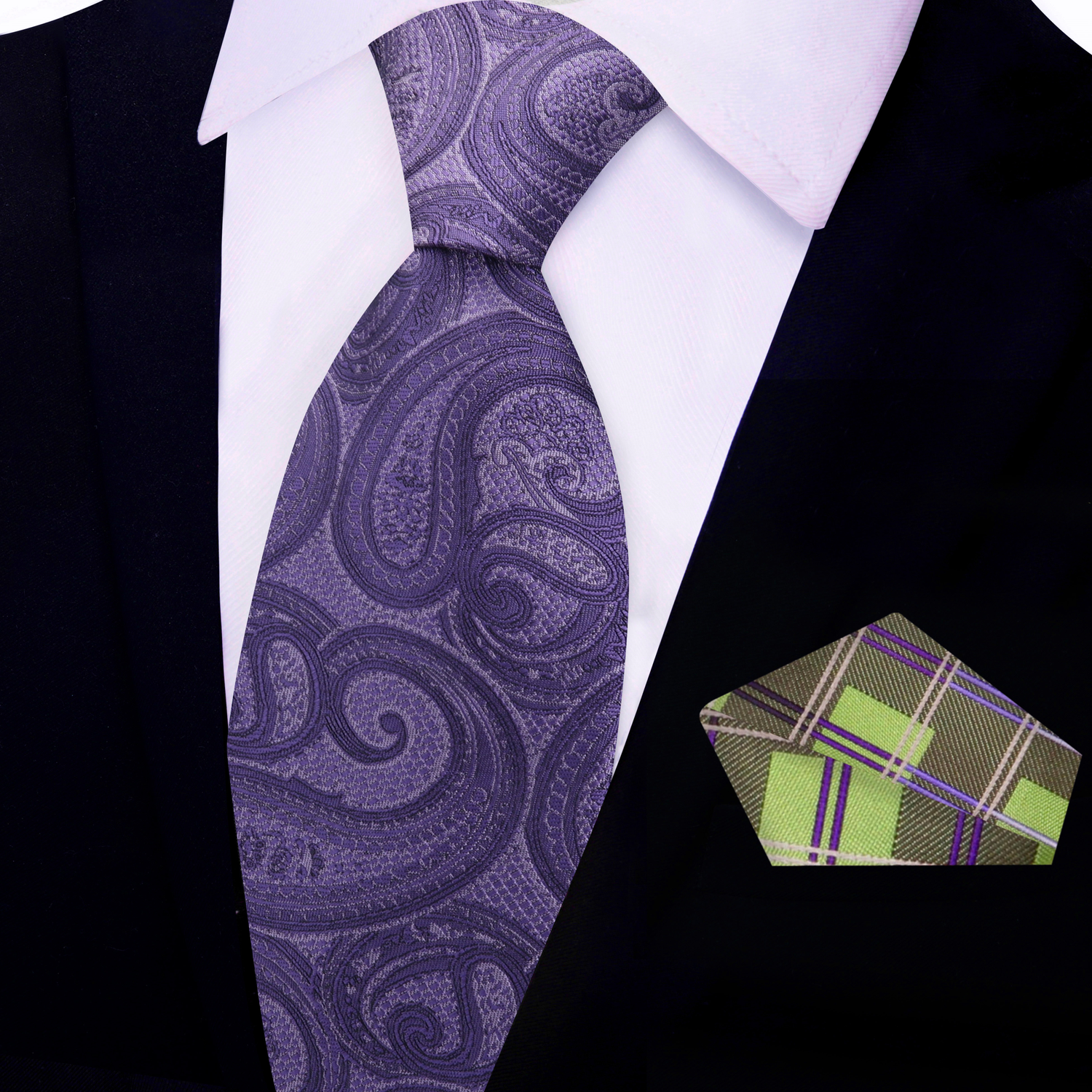 View 2 Purple Paisley Necktie and Green Plaid Square