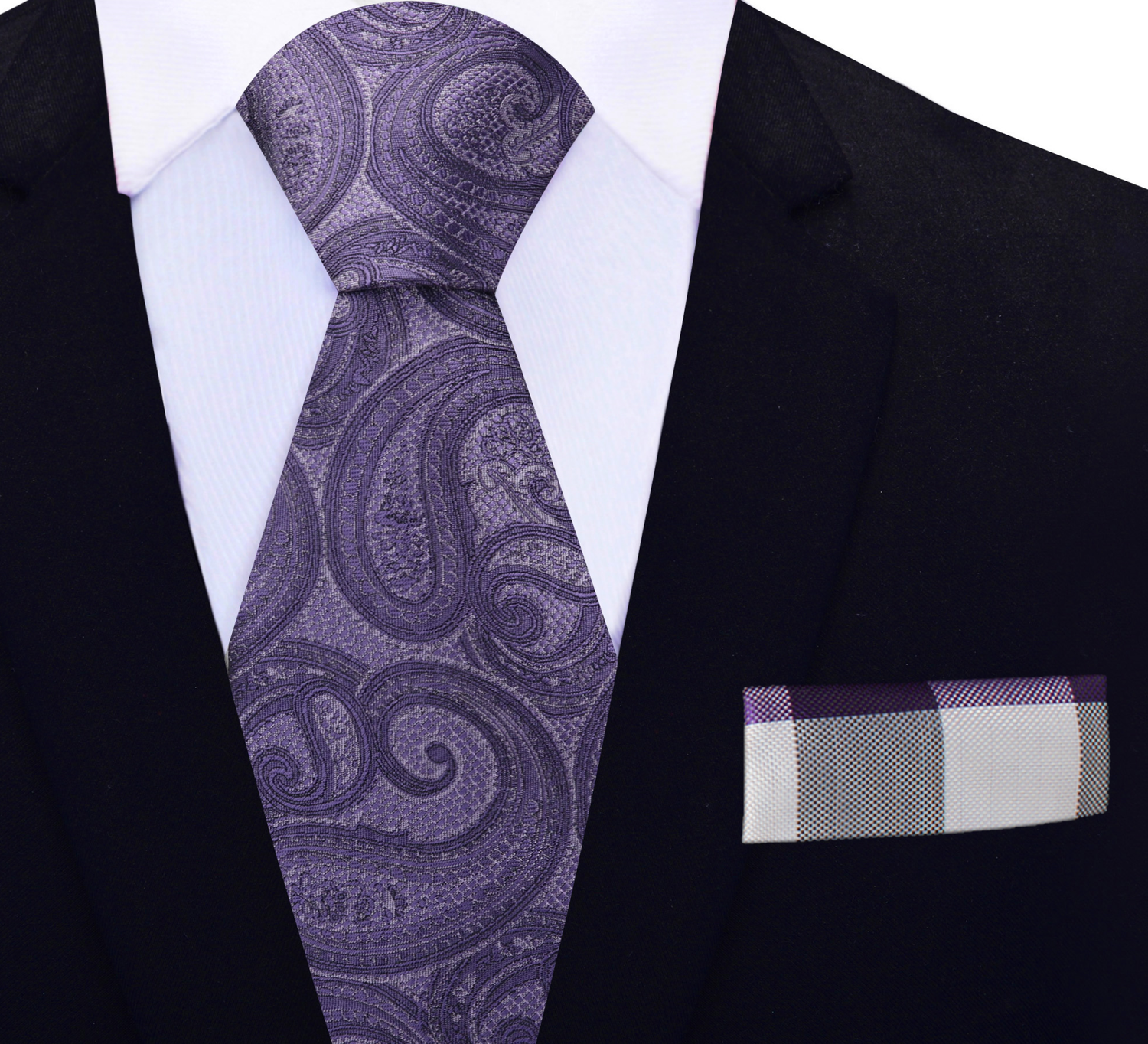 Purple Paisley Necktie and Grey, Purple Plaid Square