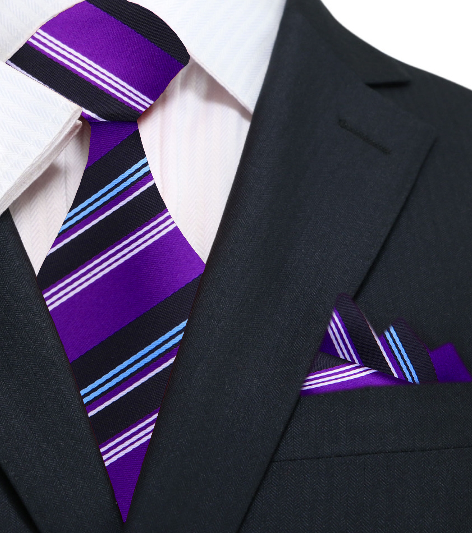 A Purple, Black, White, Light Blue Stripe Pattern Silk Necktie, Matching Pocket Square,