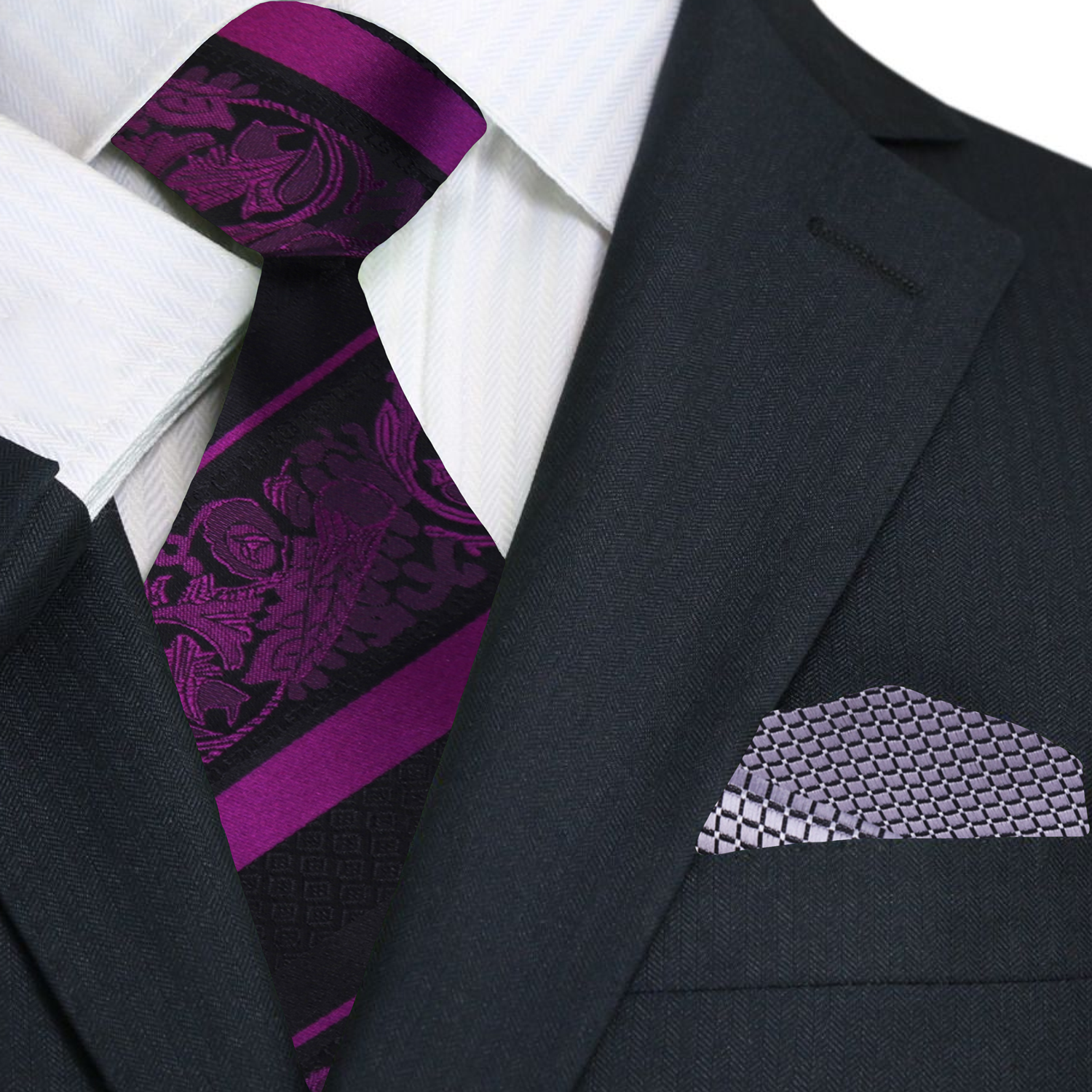 Black suit with a purple tie and pocket square on a white background