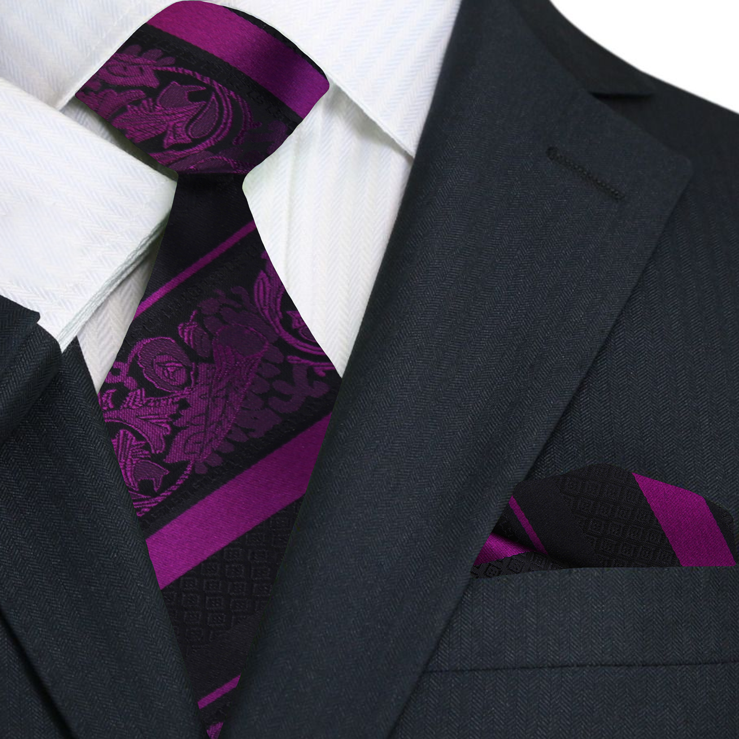 Black suit with a purple tie featuring a dragon design on a white shirt.