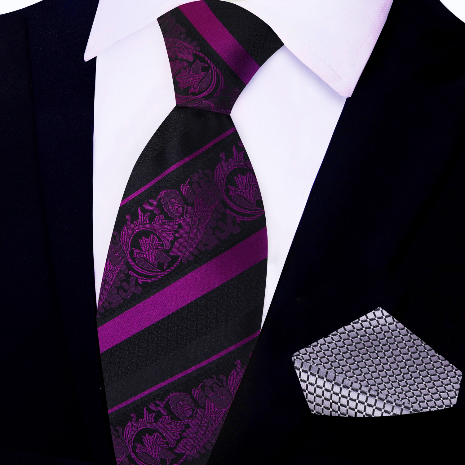 Purple Black Cadenza Necktie and Square 