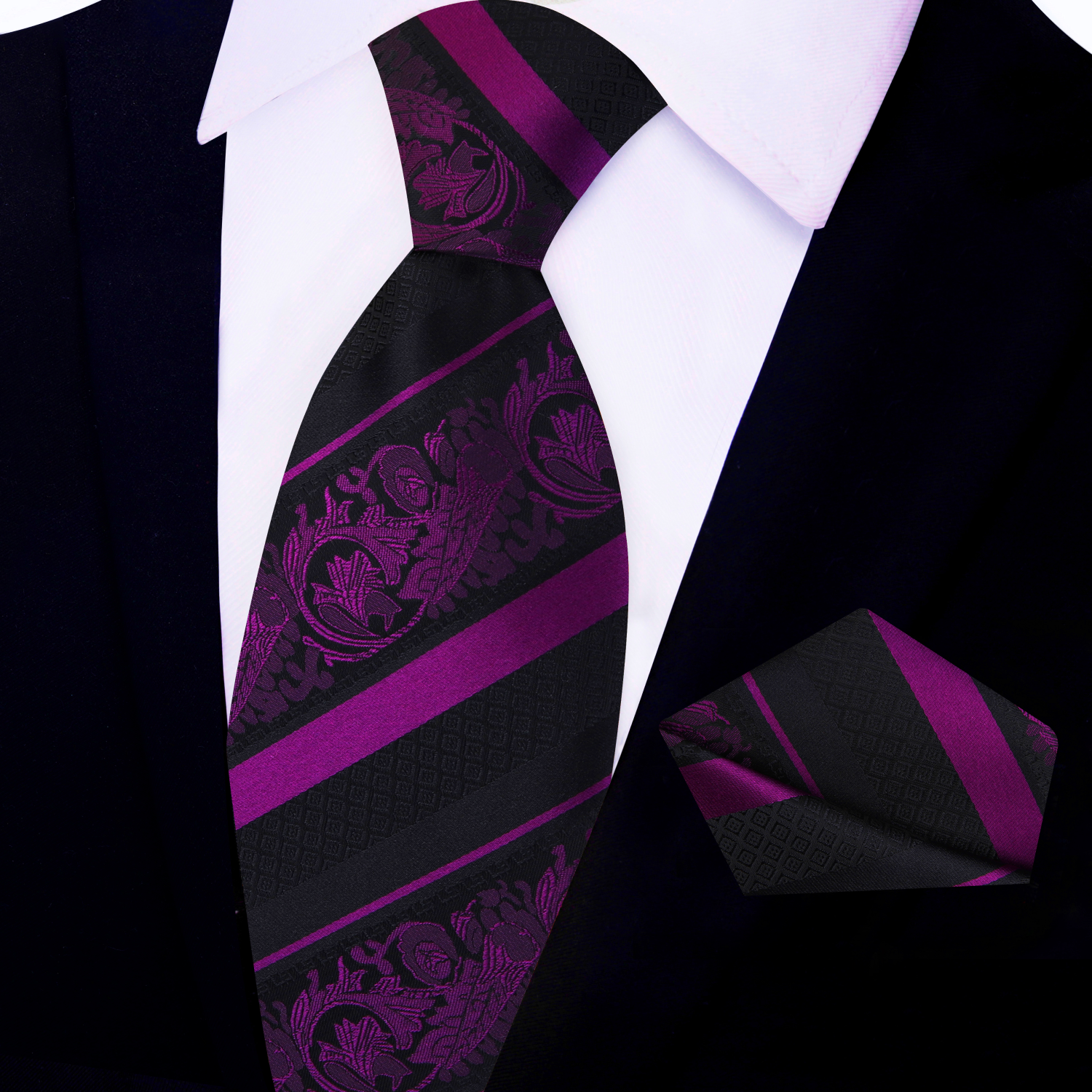 Purple Black Cadenza Necktie and Square