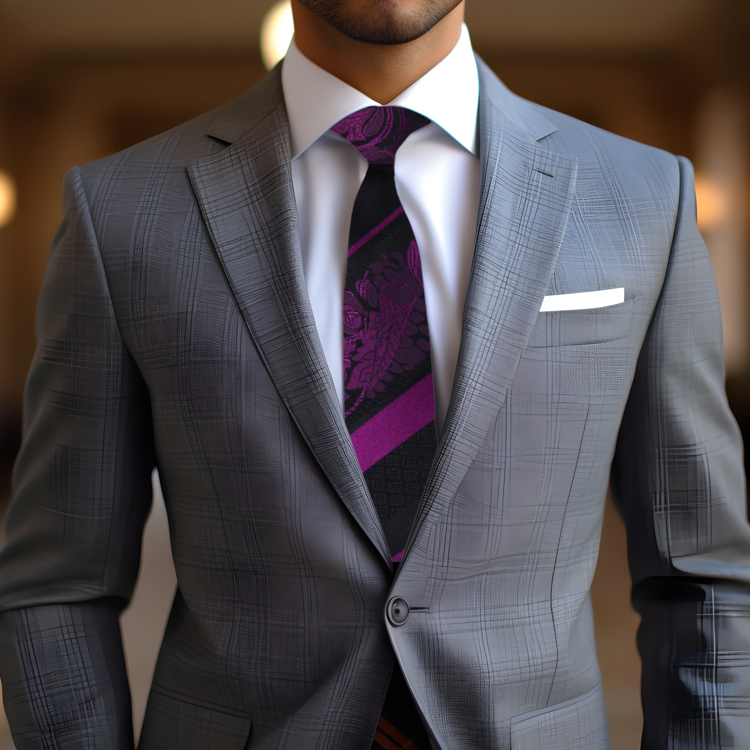 Purple Black Cadenza Necktie on Grey Suit