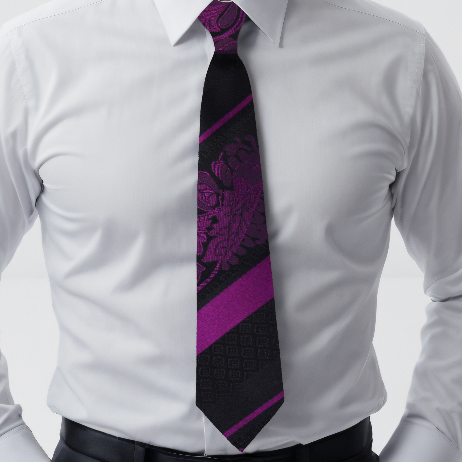 Purple Black Cadenza Necktie on White Shirt