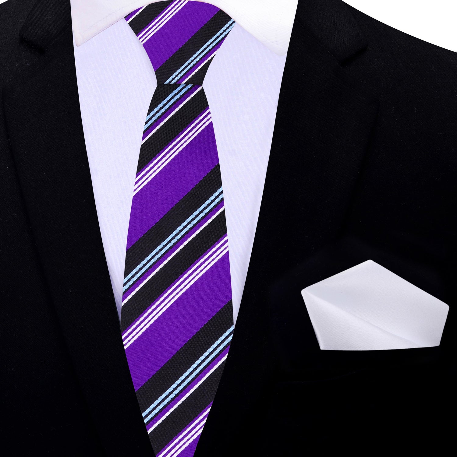 Thin Tie: Purple, Black, White, Light Blue Stripe Tie and White Square