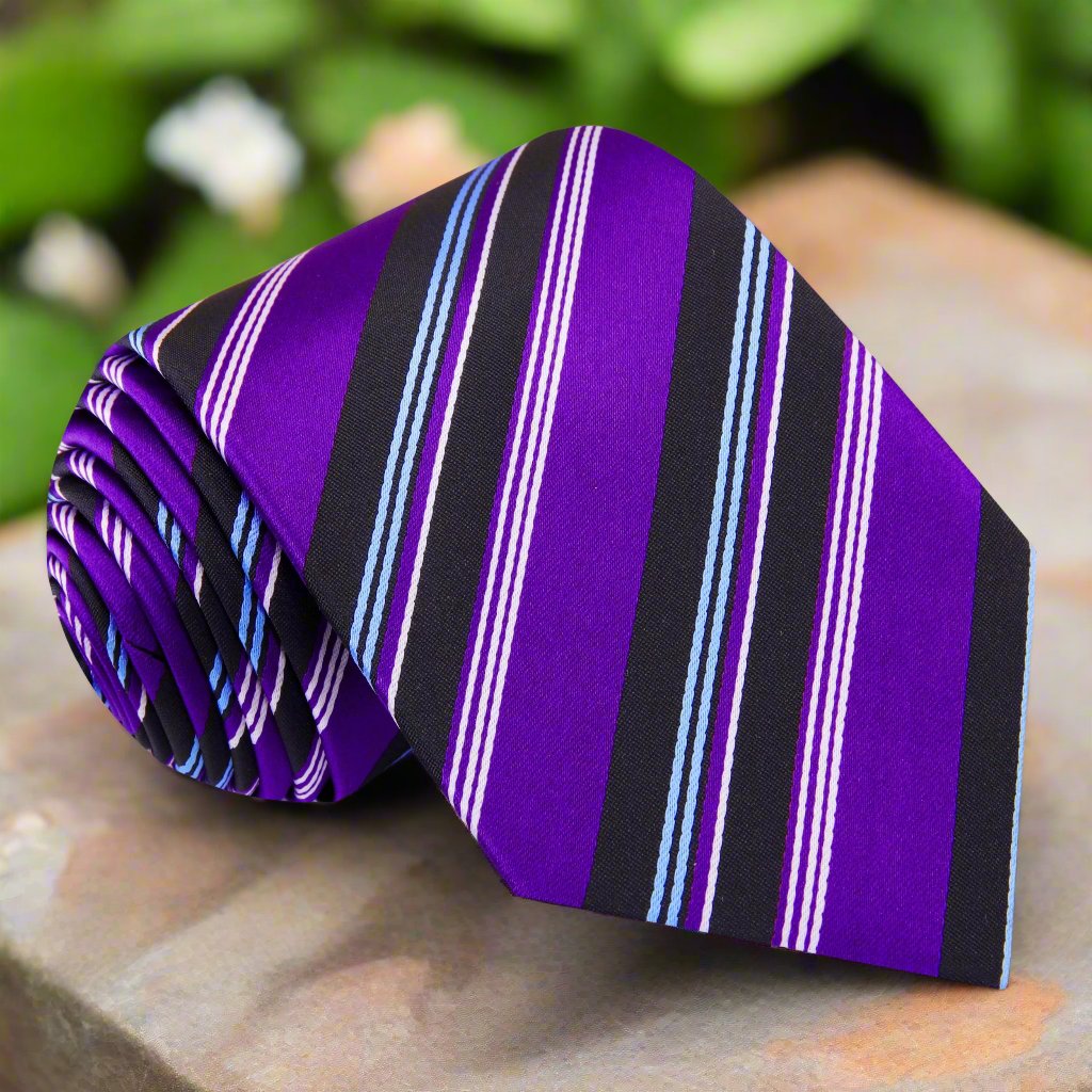 Purple, Black, White, Light Blue Stripe Tie  