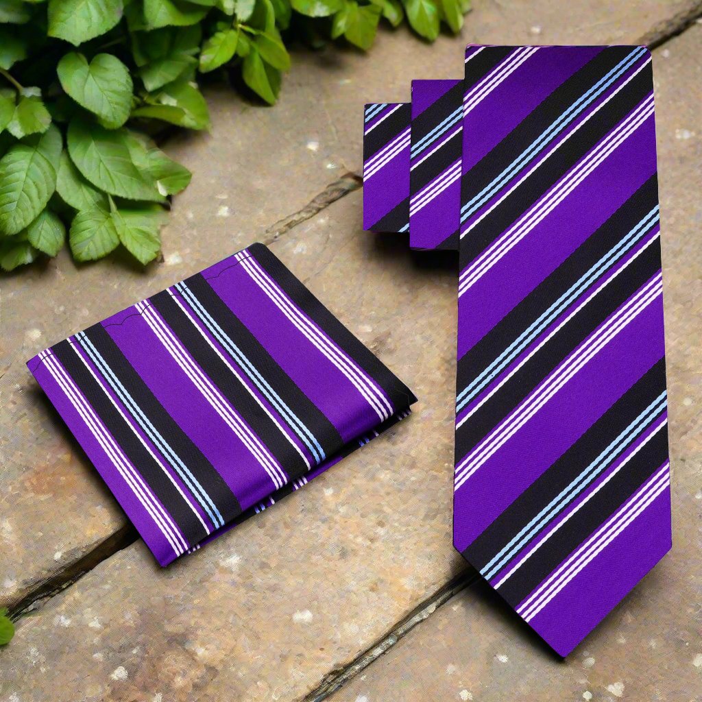 Alt View; Purple, Black, White, Light Blue Stripe Tie and Matching Square