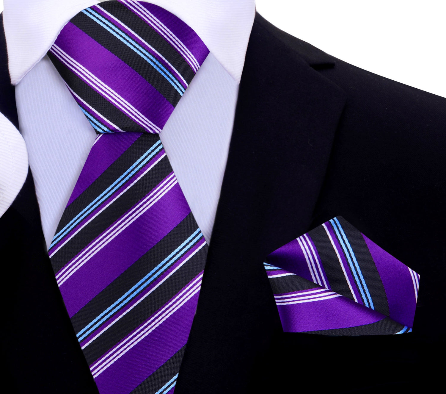 Purple, Black, White, Light Blue Stripe Tie and Matching Square