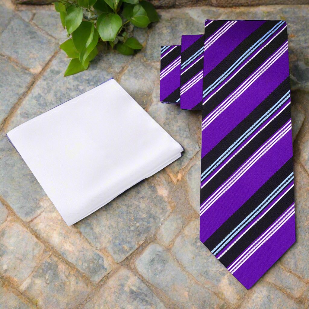 Alt View: Purple, Black, White, Light Blue Stripe Tie and White Square