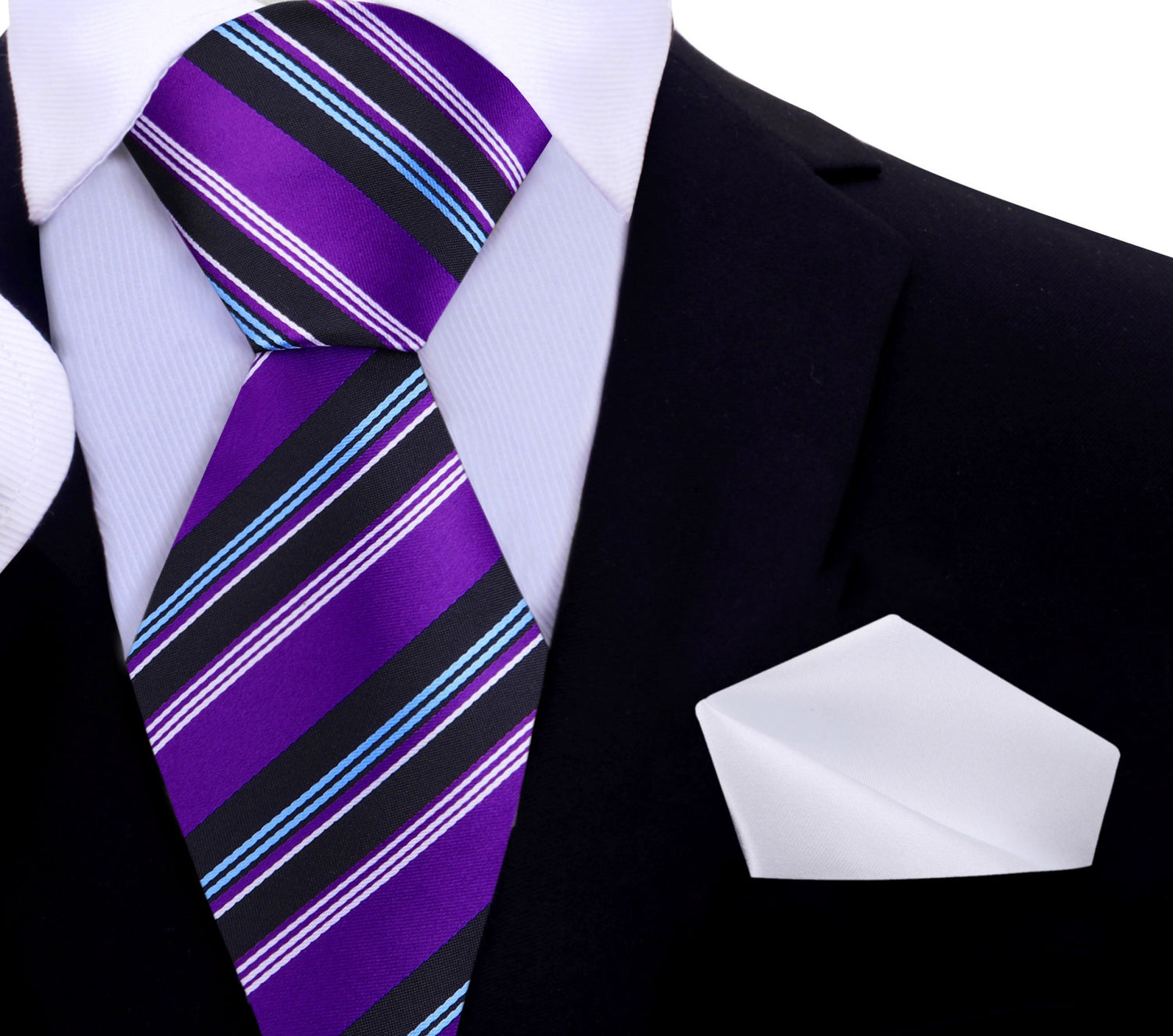 Purple, Black, White, Light Blue Stripe Tie and White Square