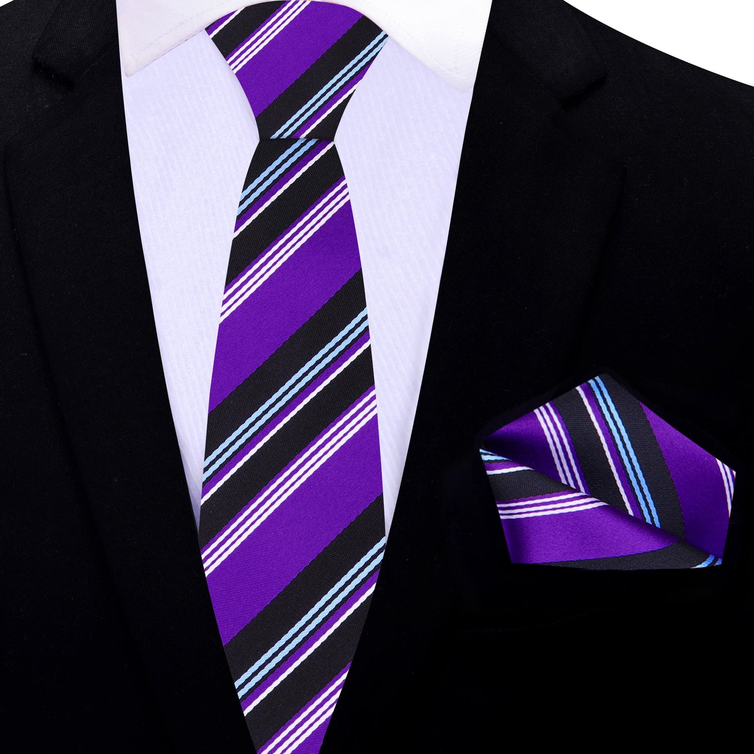 Thin Tie: Purple, Black, White, Light Blue Stripe Tie and Matching Square