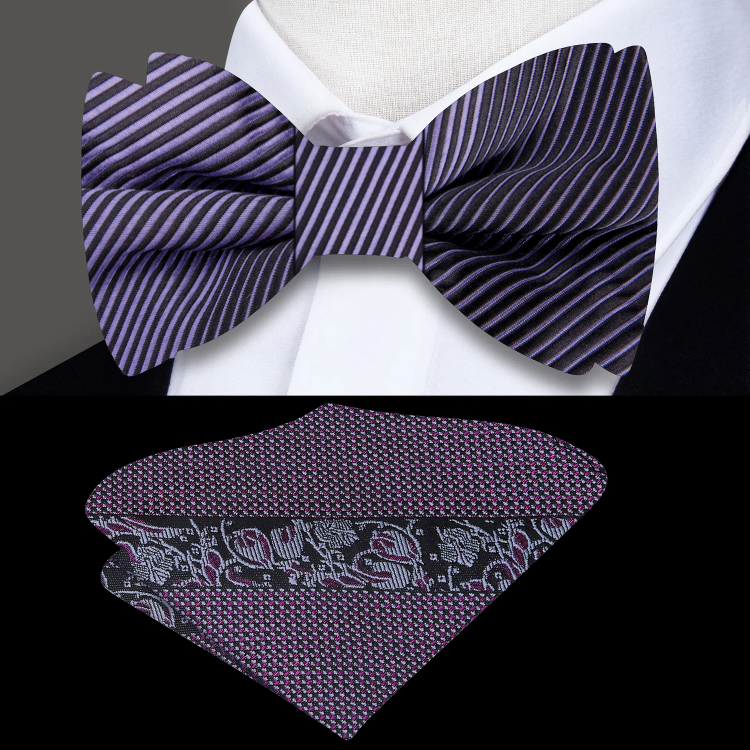 Purple black Lines Bow Tie with Abstract Square
