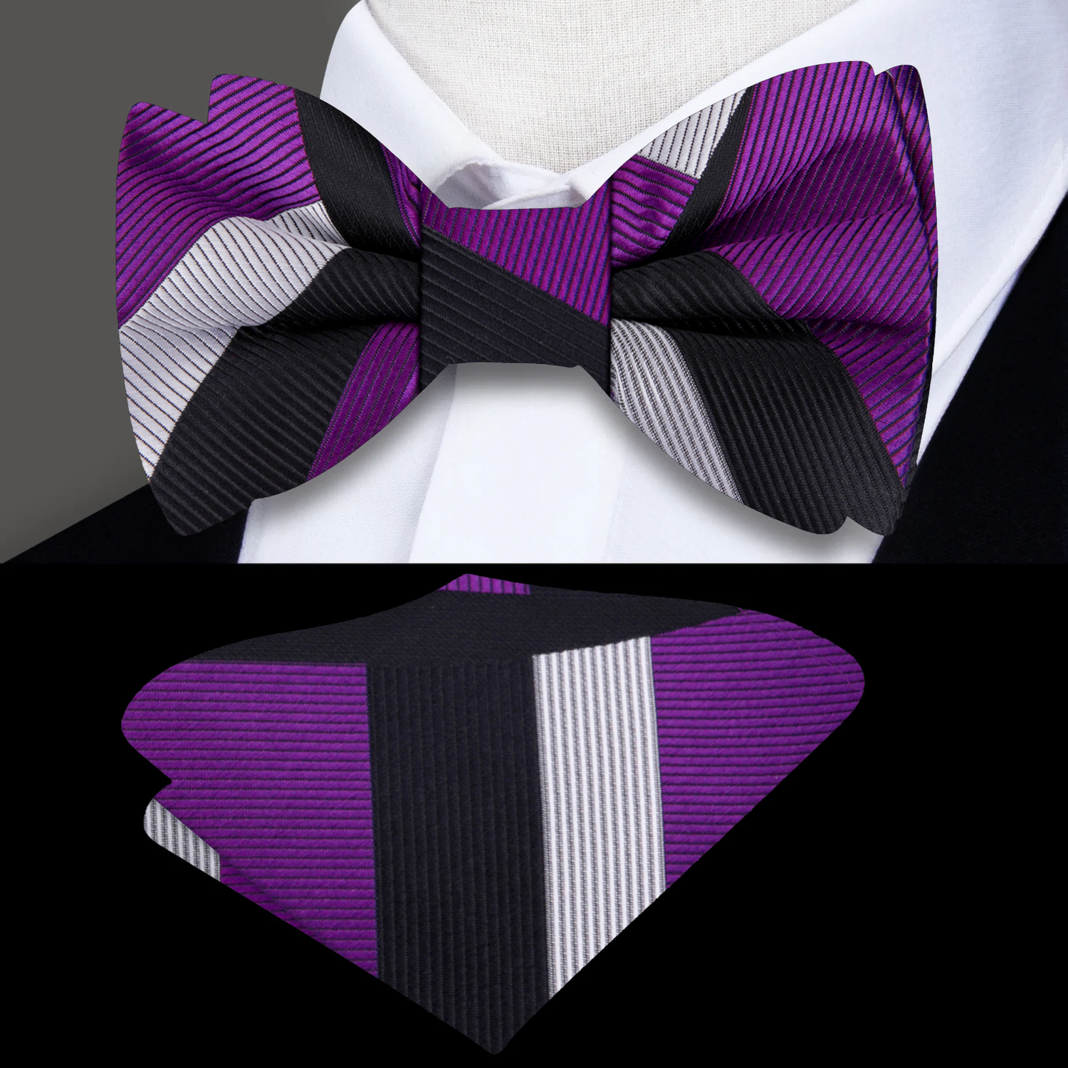 Purple Black Abstract Bow Tie and Square