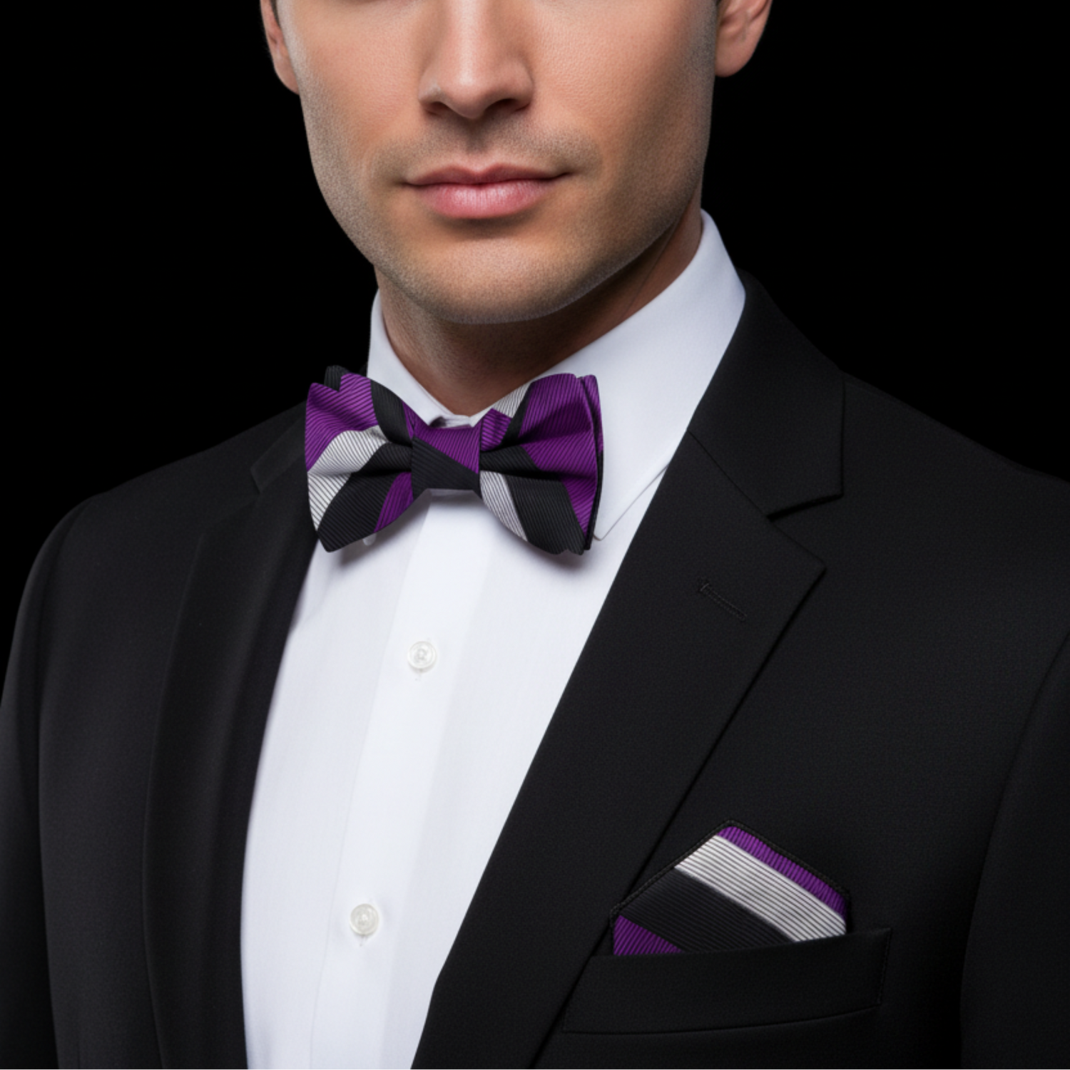 Man wearing a black suit with a purple bow tie and matching pocket square on a black background