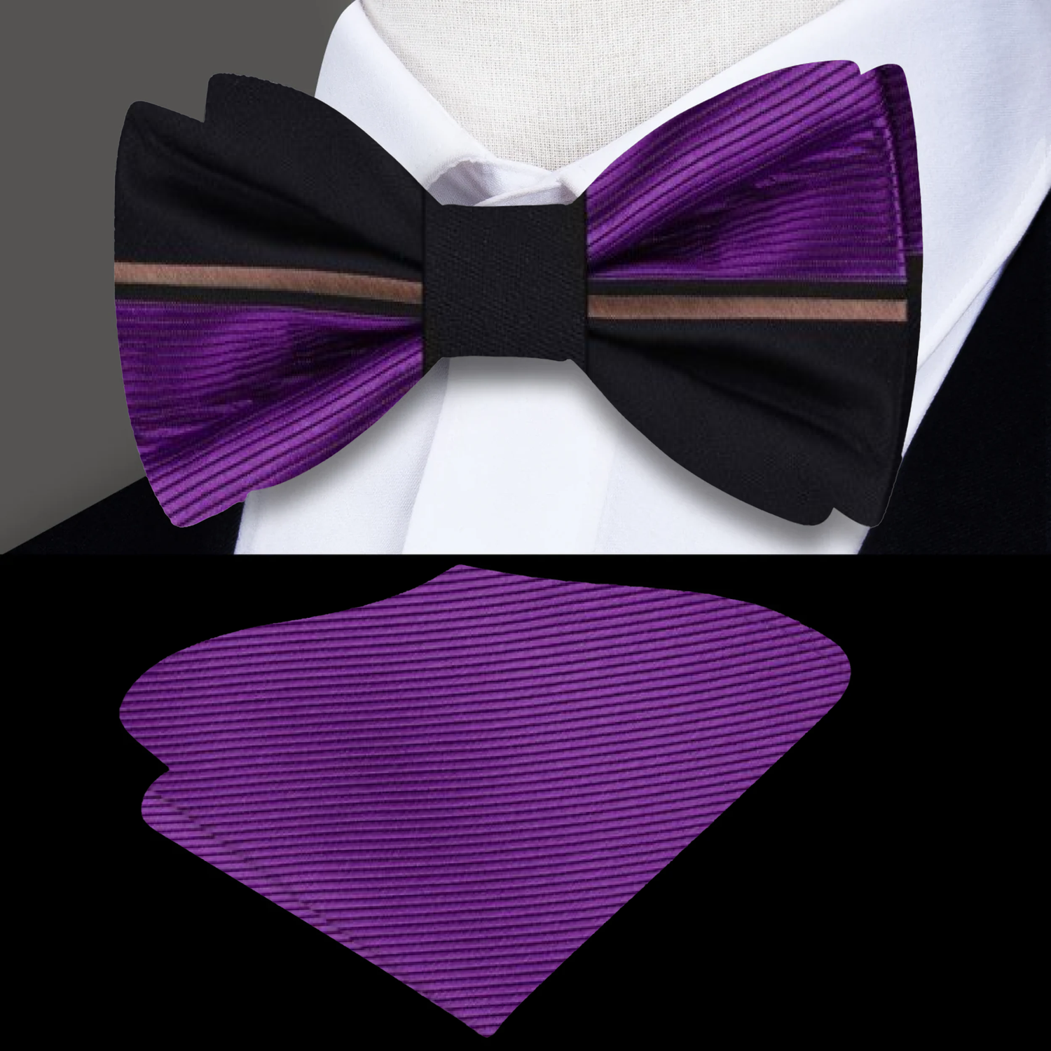Purple, Black Lined Bow Tie and Pocket Square||Purple, Black