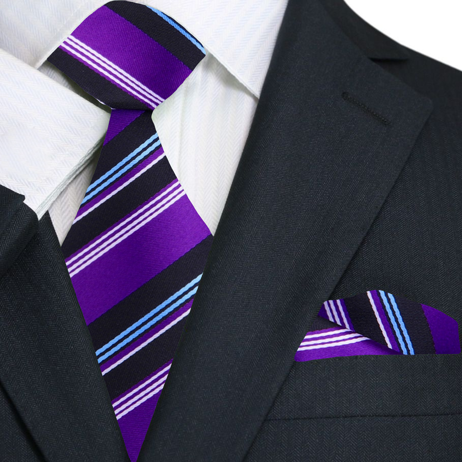 Premium Purple, Black, White, Light Blue Stripe Tie and Matching Square