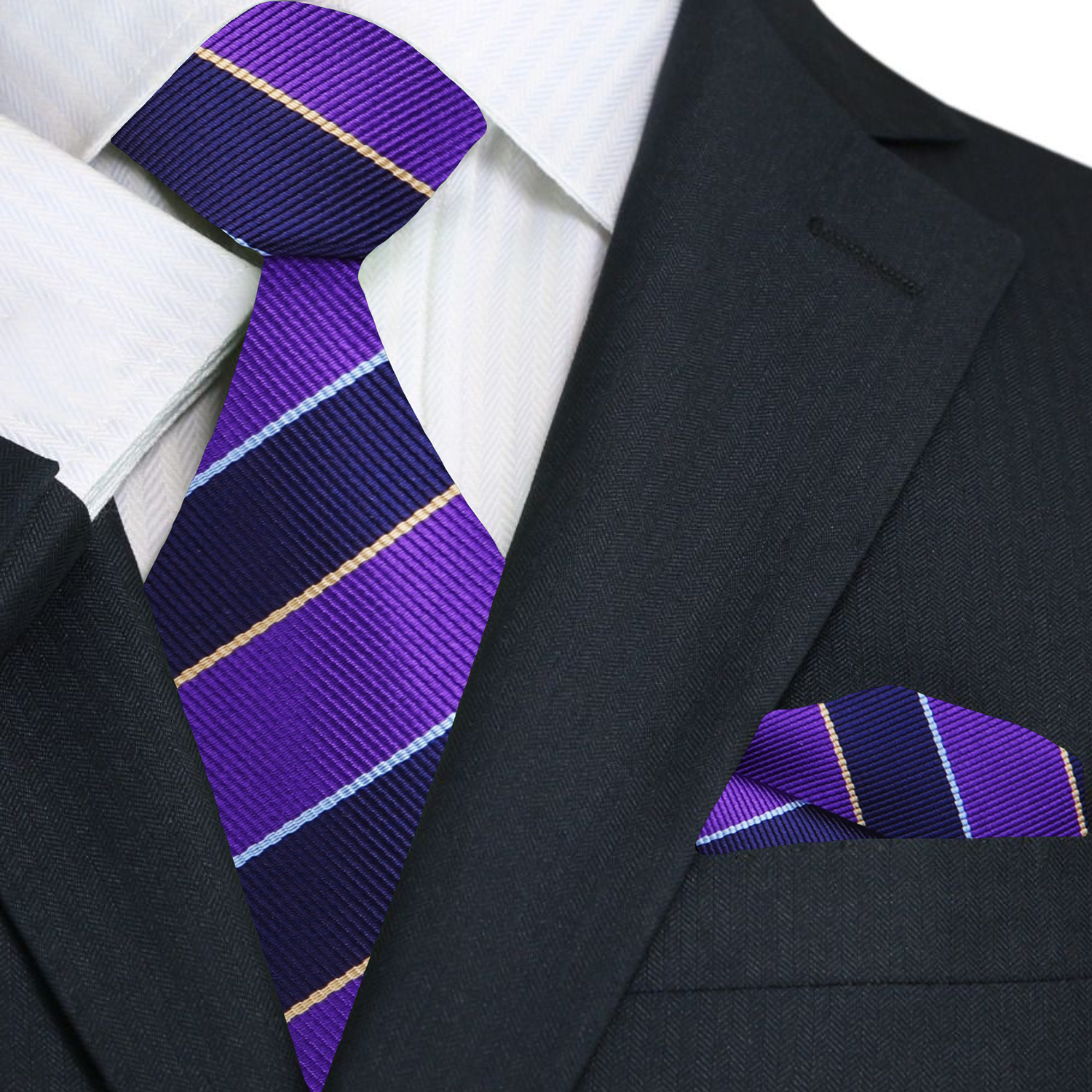 Main View: A Dark Blue, Purple Stripe Pattern Necktie, With Matching Pocket Square