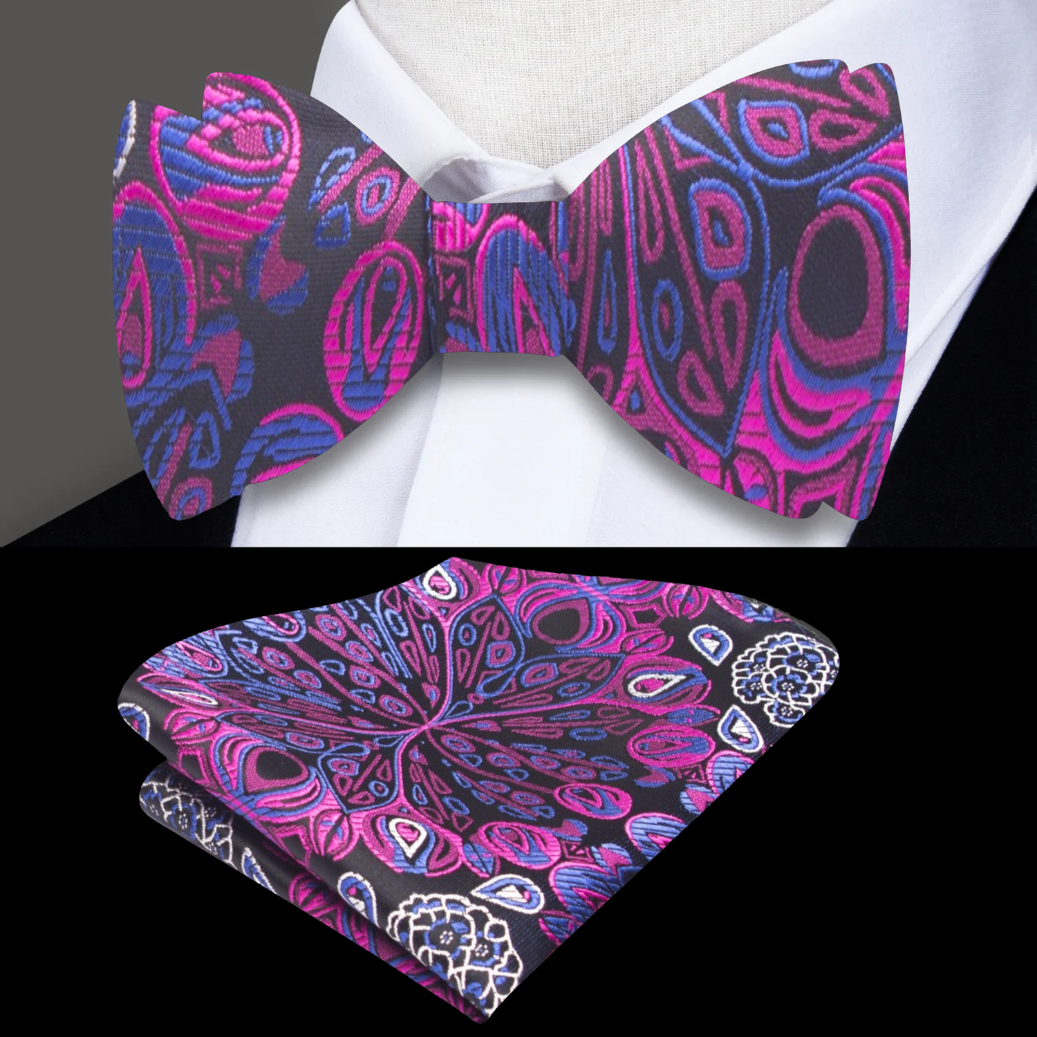 A Purple, Blue Abstract Peacock Feather Pattern Silk Self Tie Bow Tie, Matching Pocket Square