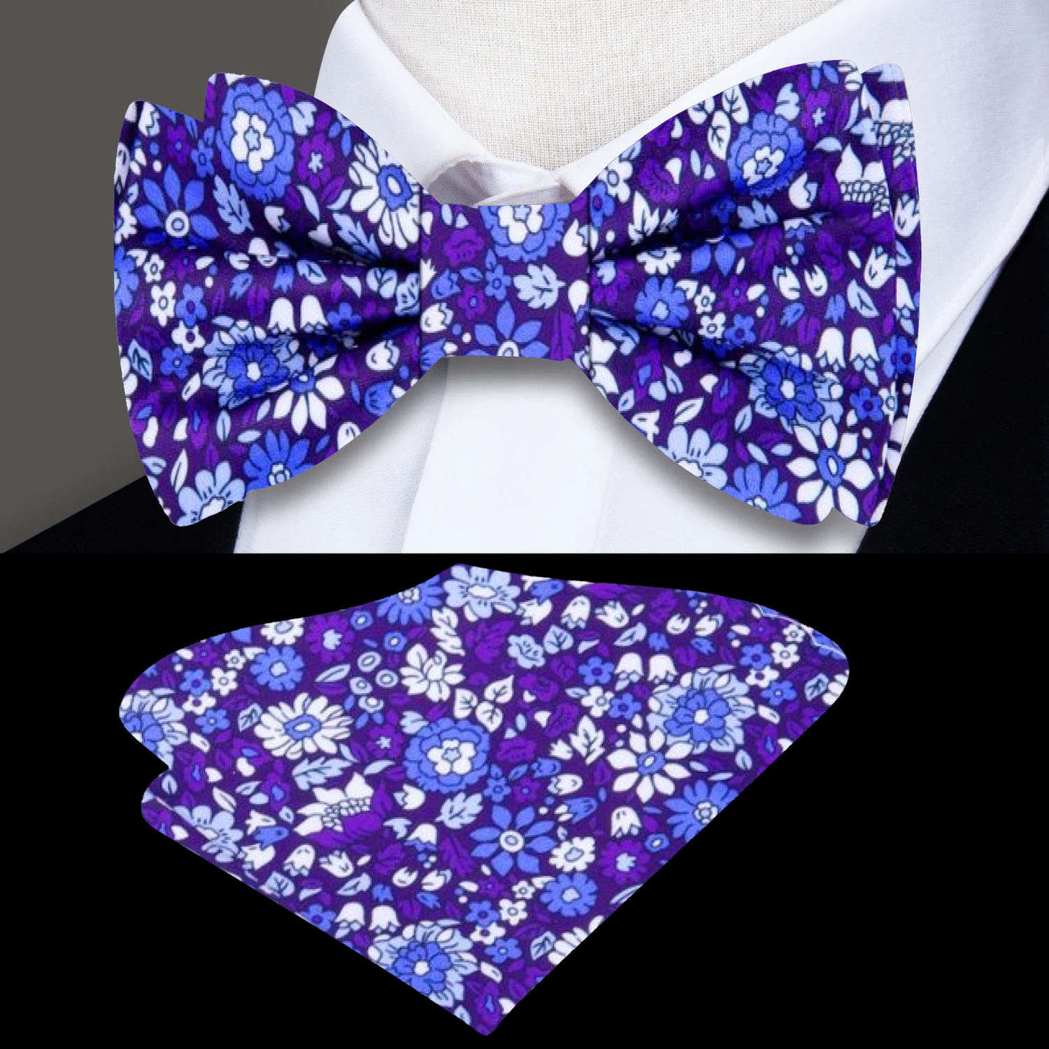 Blue Purple White Intricate Floral Bow Tie and Square||Purple, Blue