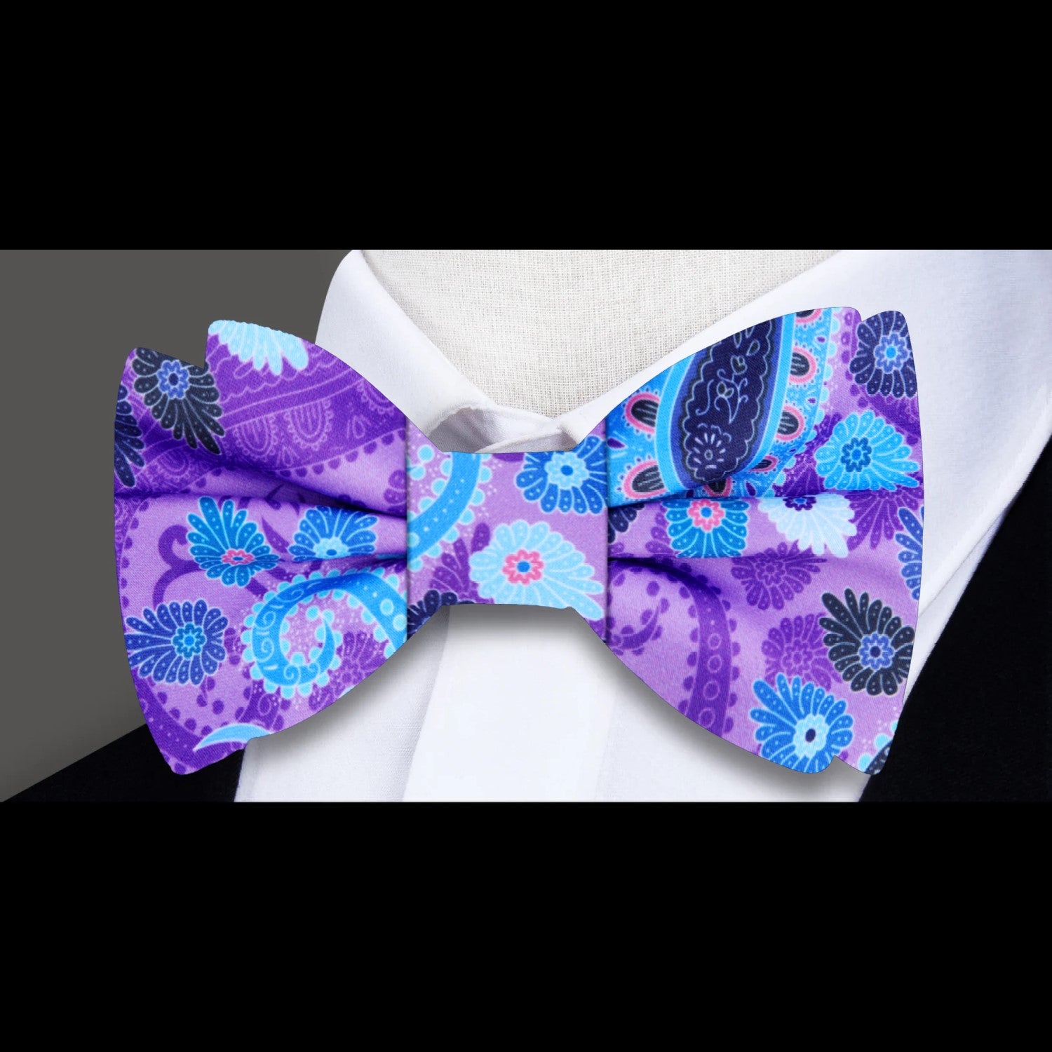 A Light Blue, Blue, Purple, Pink Paisley Silk Bow Tie