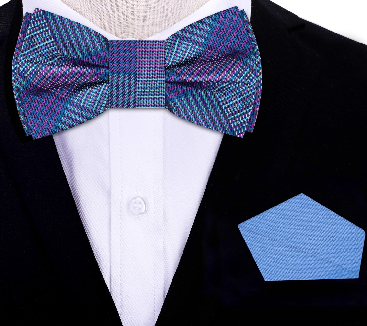 Blue and Purple Plaid Bow Tie and Blue Square on Suit