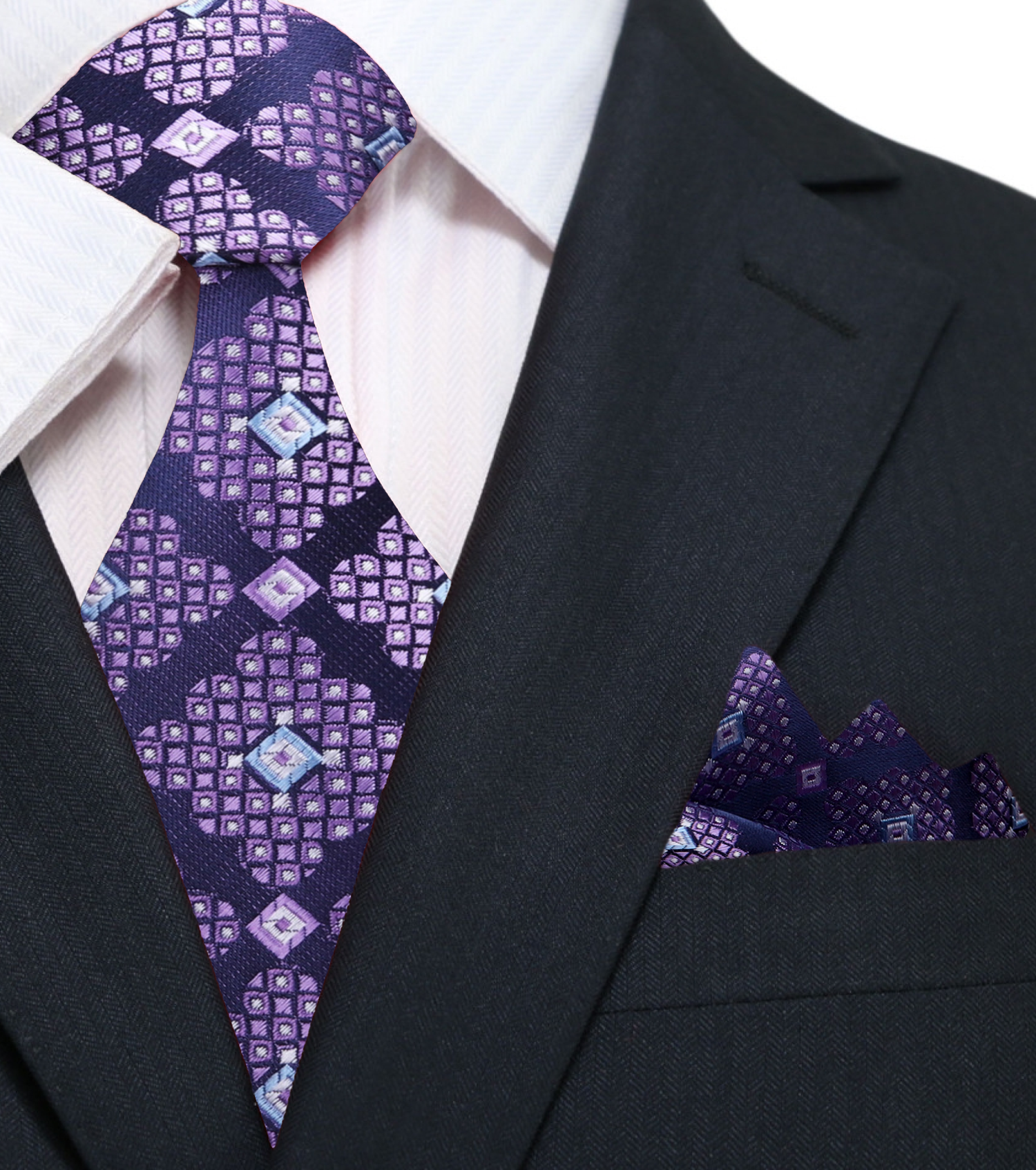 A Purple, Light Purple, Light Blue Abstract Geometric Diamond Pattern Pattern Silk Necktie, Matching Pocket Square