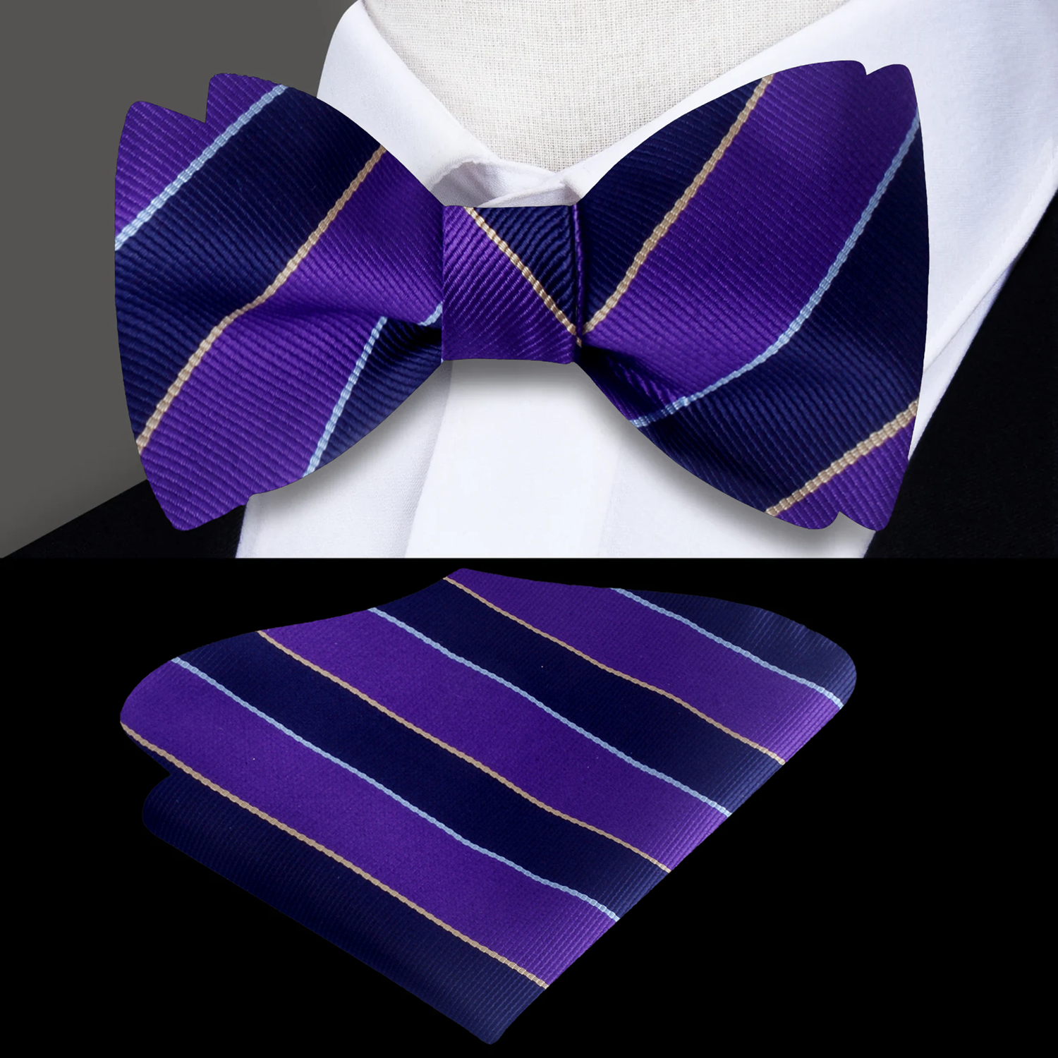 Purple and Blue Block Stripe Self Tie Bow Tie and Square