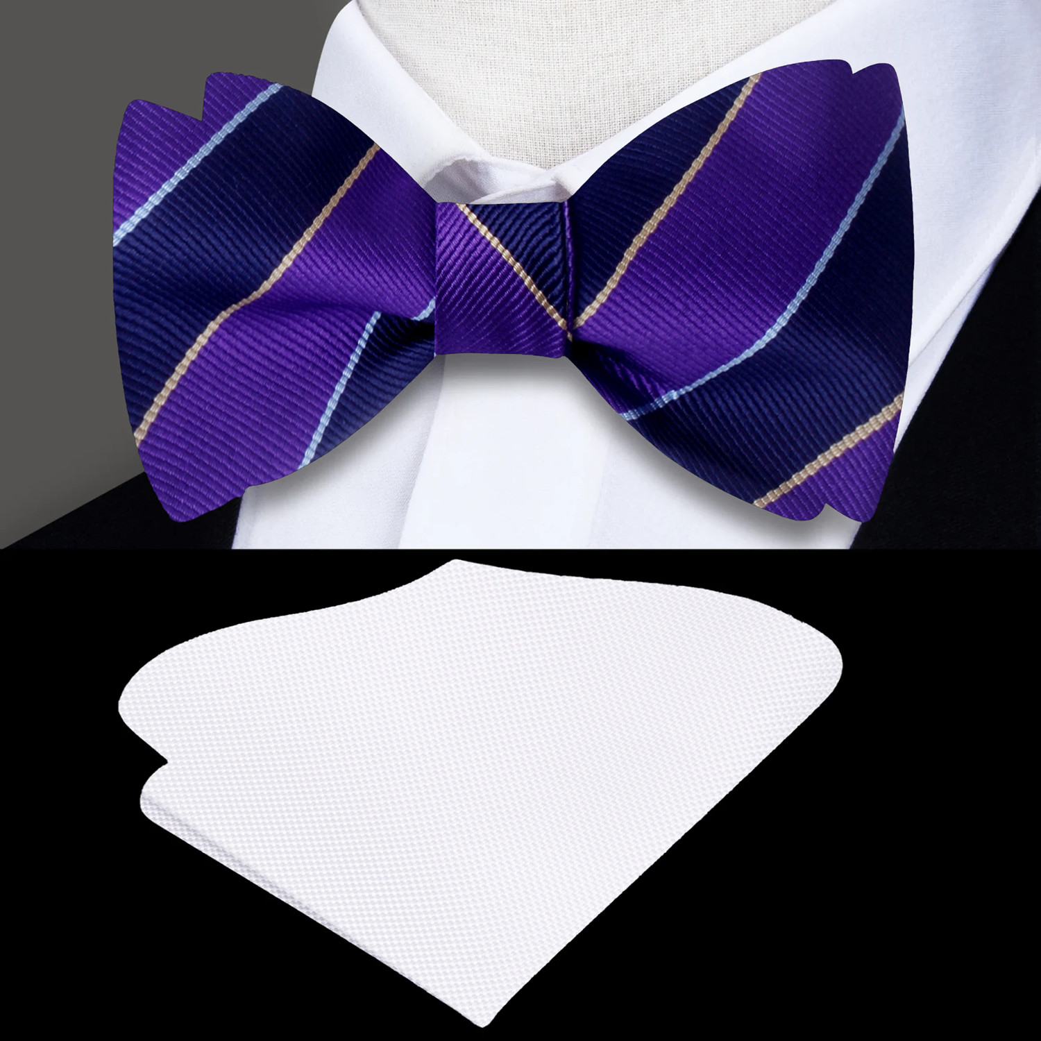 Purple and Blue Block Stripe Self Tie Bow Tie and White Square