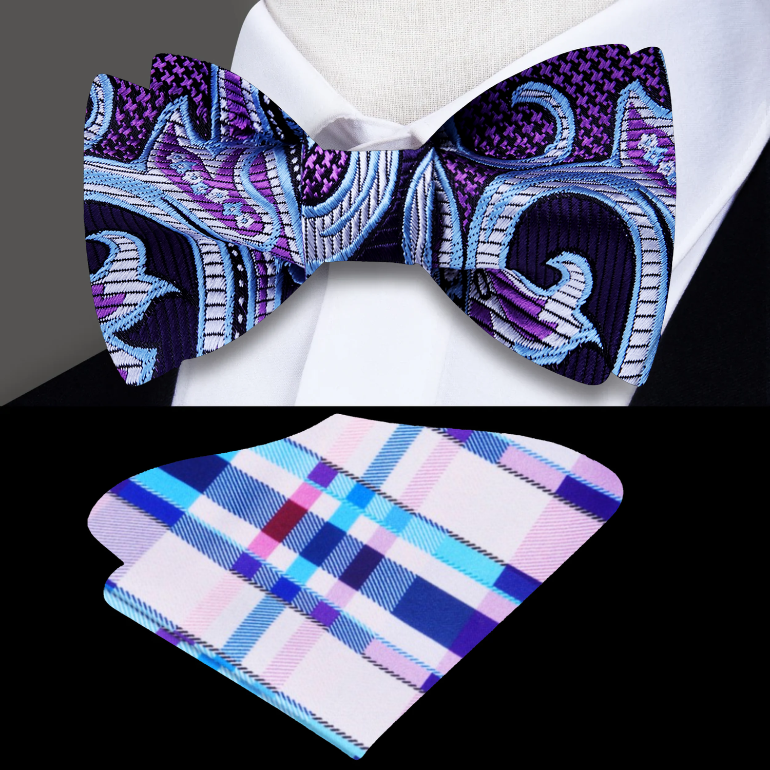 Purple Paisley Bow Tie and Accenting Pocket Square