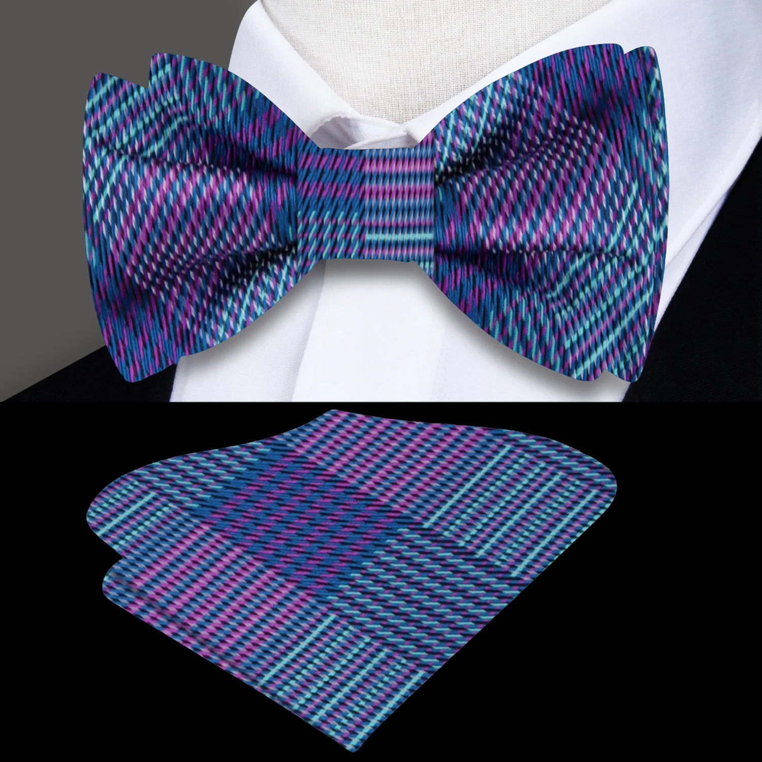 Main: Blue and Purple Plaid Bow Tie and Matching Square