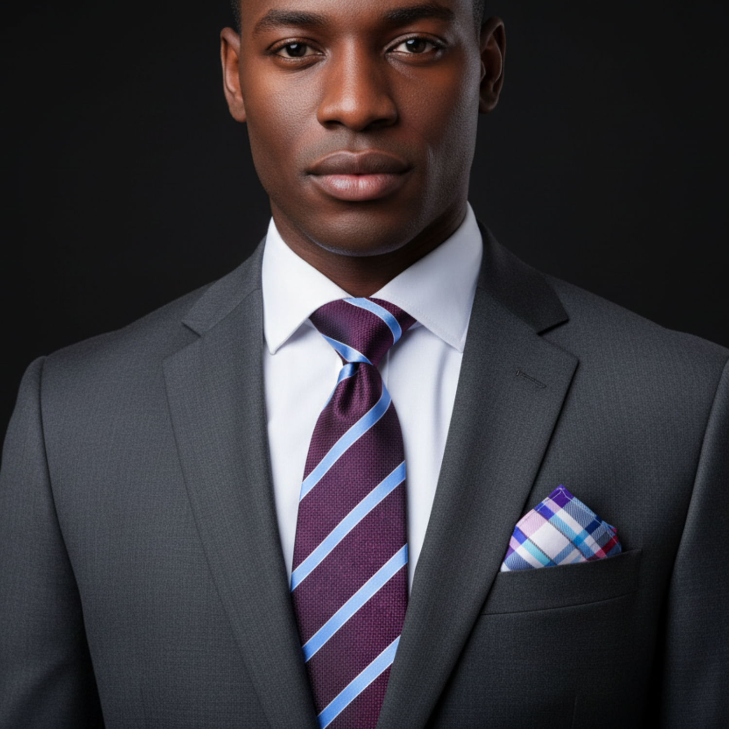 Man wearing a black suit with a purple and blue striped tie and matching pocket square on a gray background