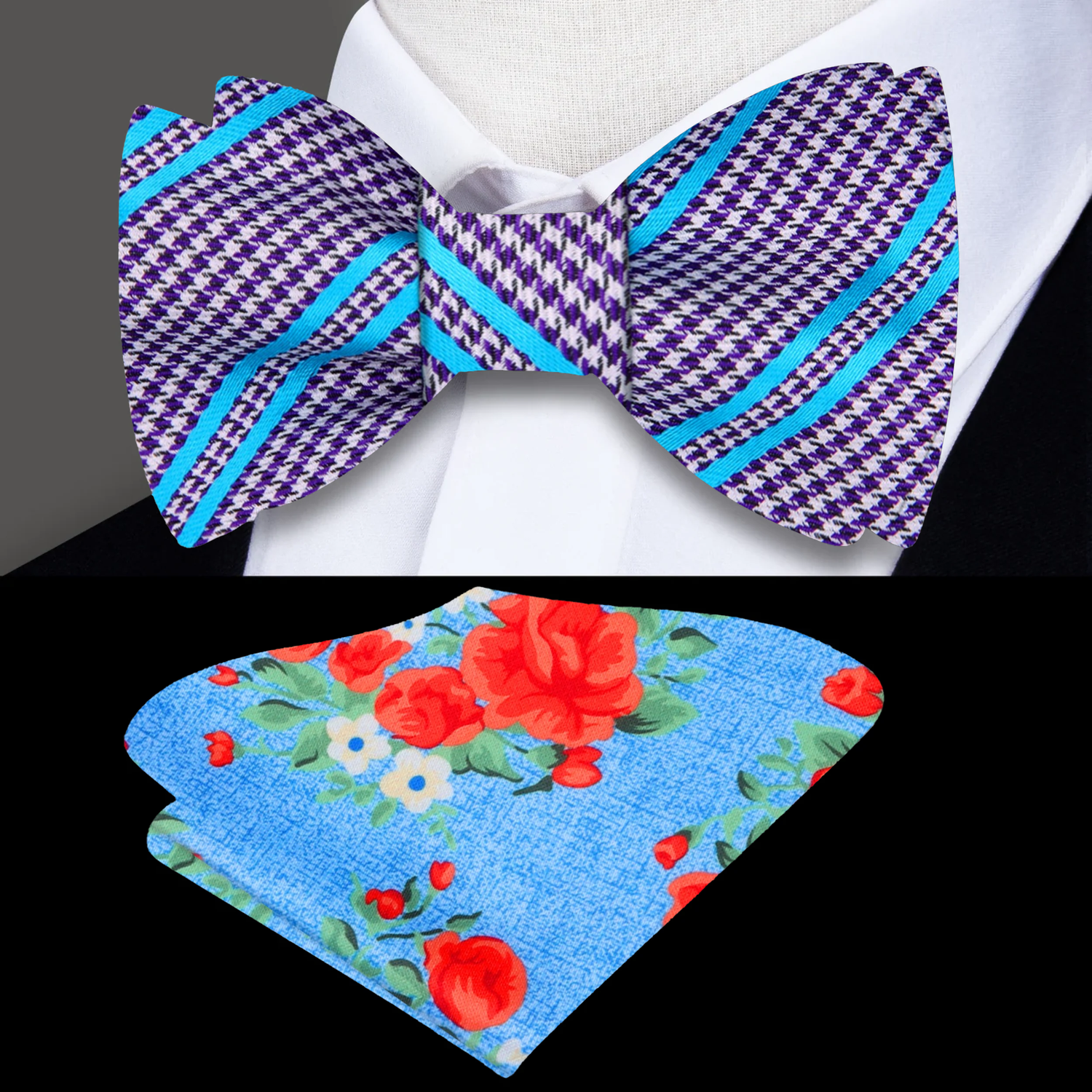 A Grape, Blue Houndstooth with Stripe Pattern Silk Self Tie Bow Tie, Accenting Floral Pocket Square