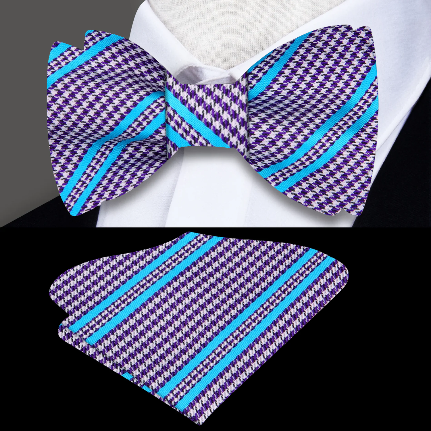 A Grape, Blue Houndstooth with Stripe Pattern Silk Self Tie Bow Tie, Matching Pocket Square