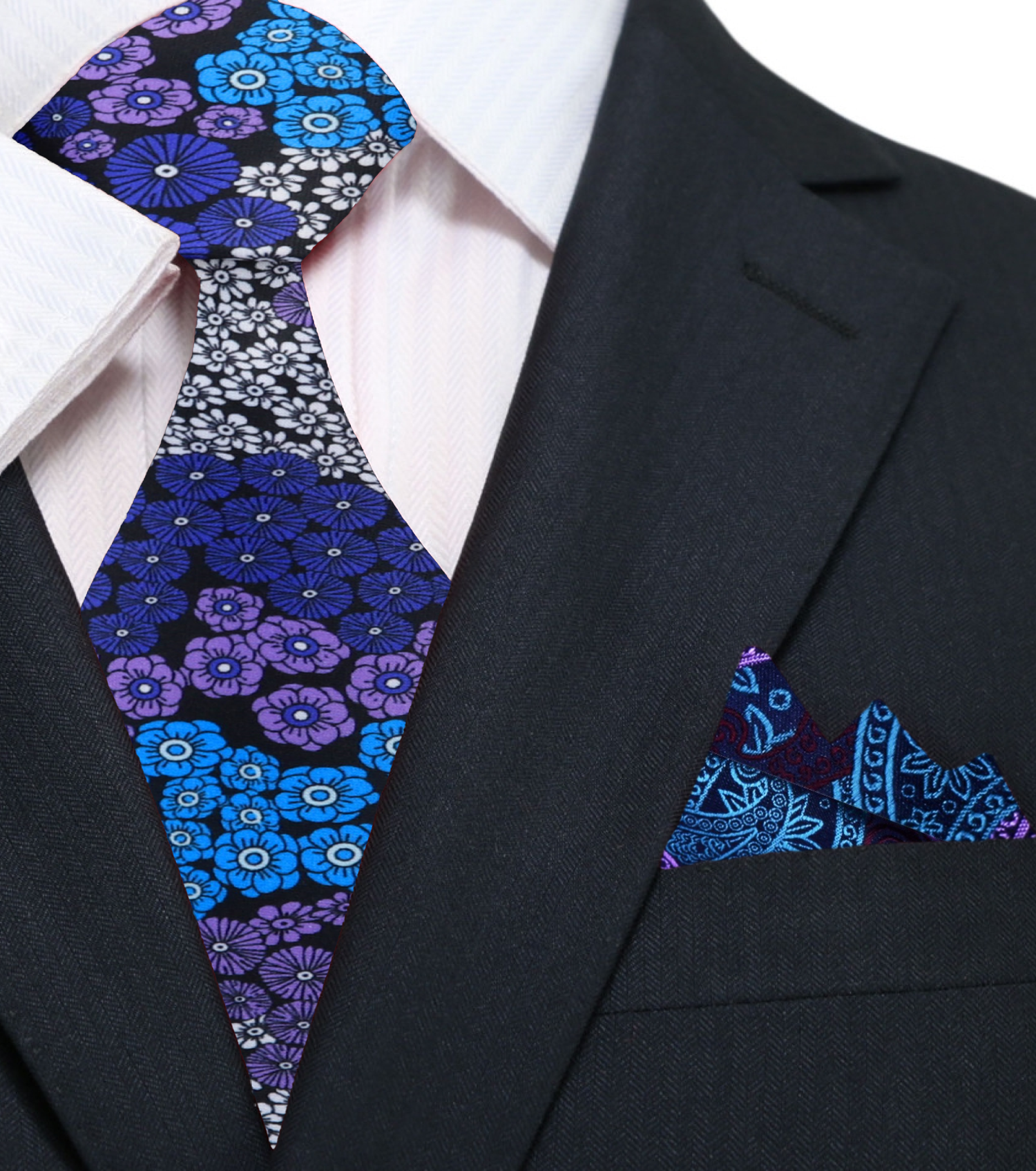 Blue, Purple and White Flowers Necktie and Accenting Blue and Purple Paisley Square