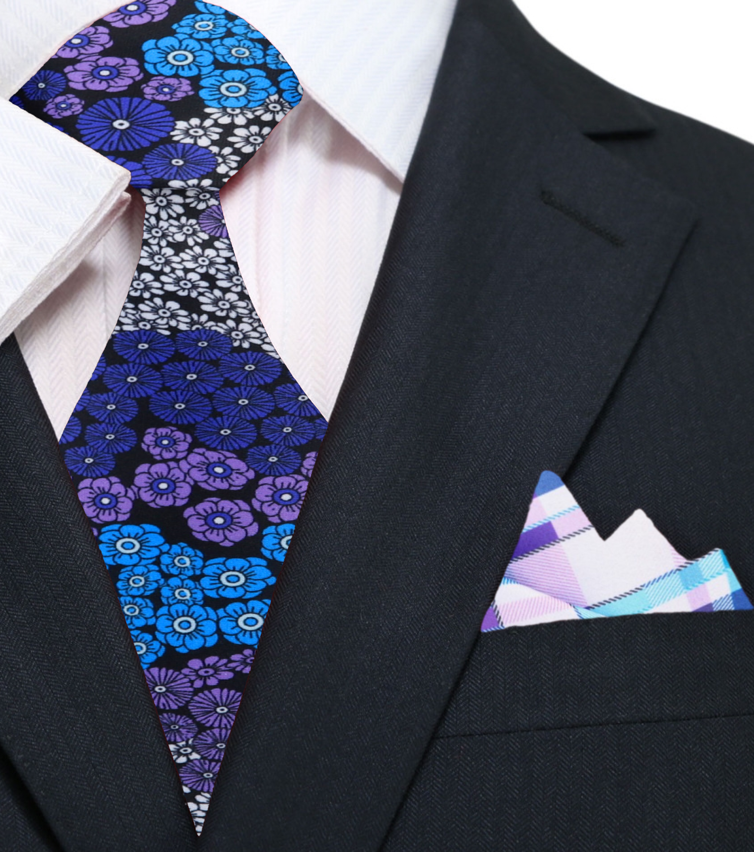 Blue, Purple and White Flowers Necktie and Accenting Blue and White, blue and Purple Plaid Square