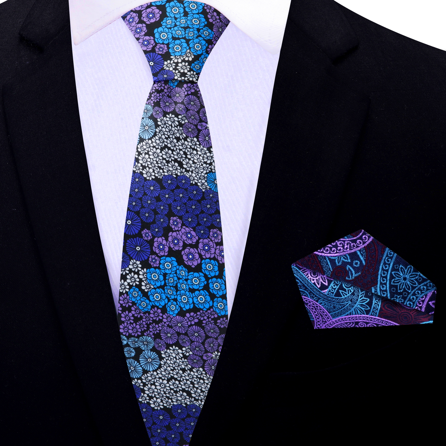 Blue, Purple and White Flowers Necktie and Accenting Blue and Purple Paisley Square Thin Tie View