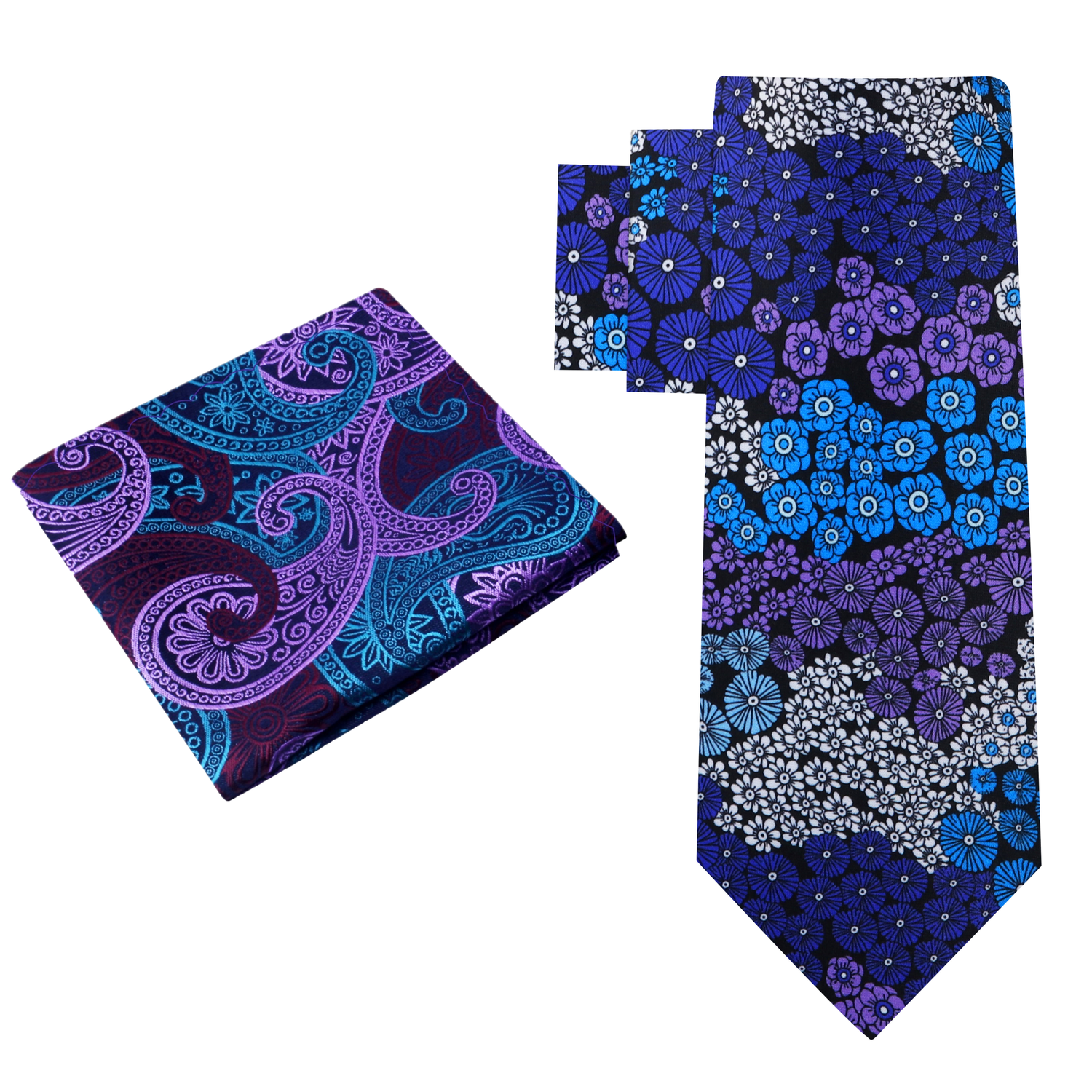 Alt View: Blue, Purple and White Flowers Necktie and Accenting Blue and Purple Paisley Square