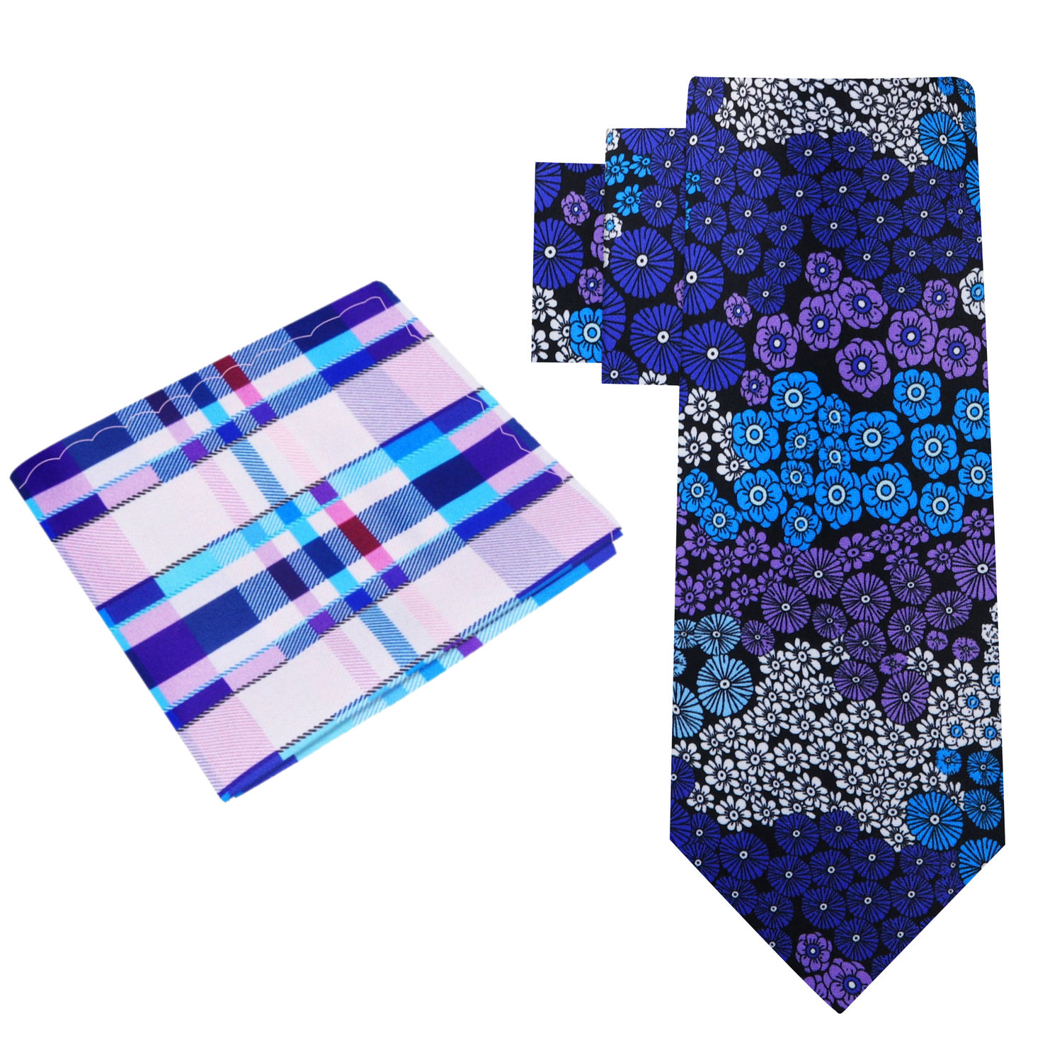 Alt view: Blue, Purple and White Flowers Necktie and Accenting Blue and White, blue and Purple Plaid Square