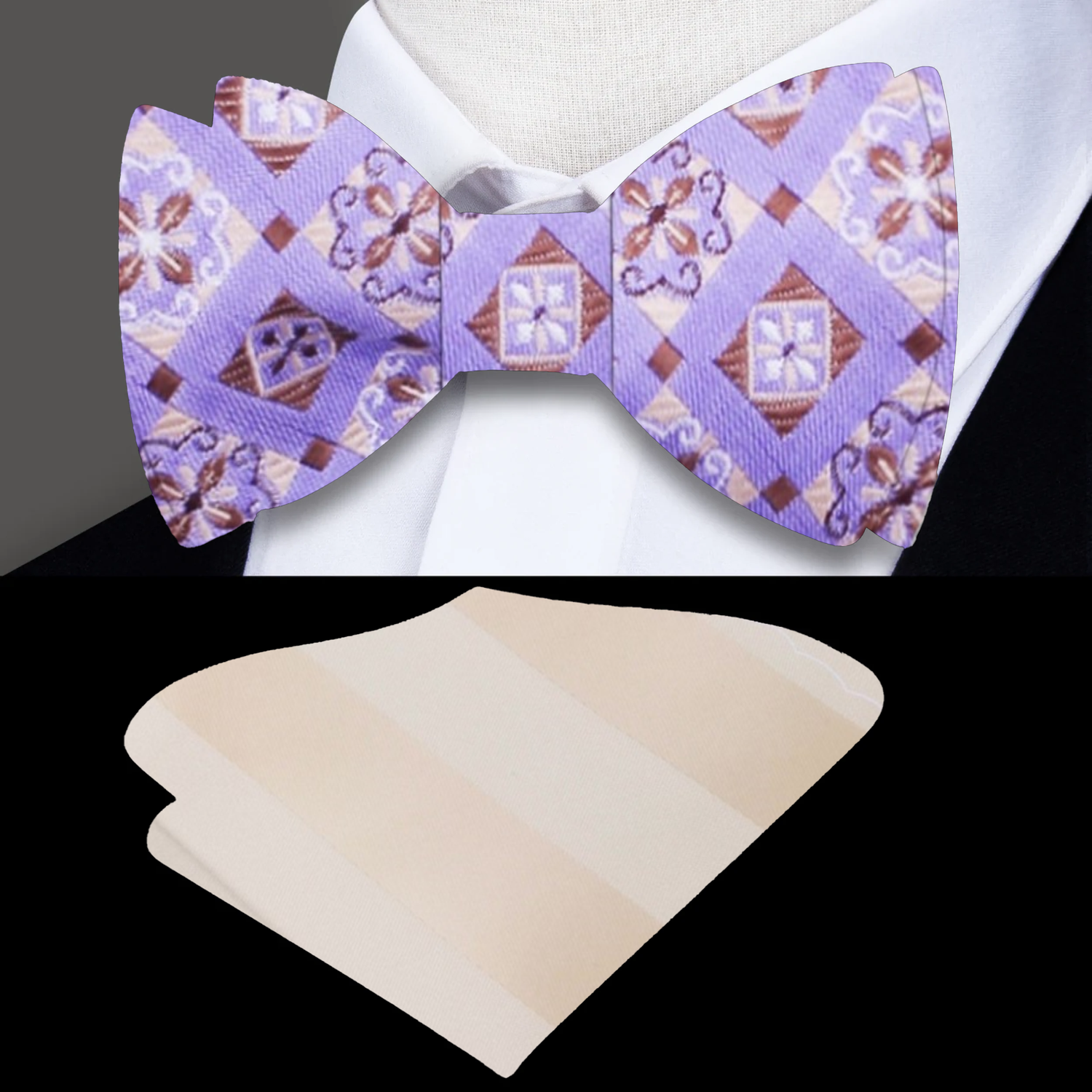 Light Purple and Brown Geometric Bow Tie and Cream Stripe Square