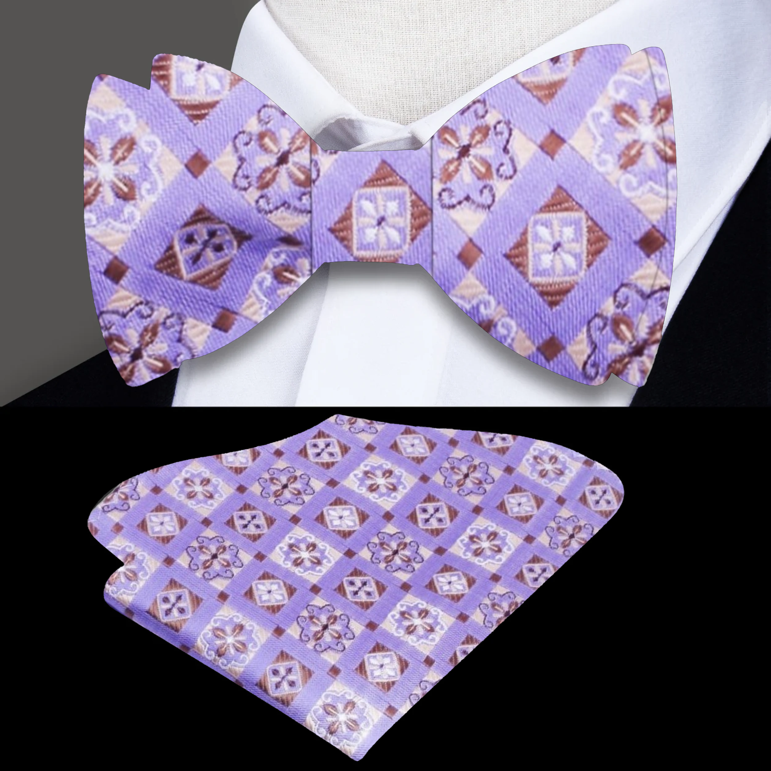 Light Purple and Brown Geometric Bow Tie and Square