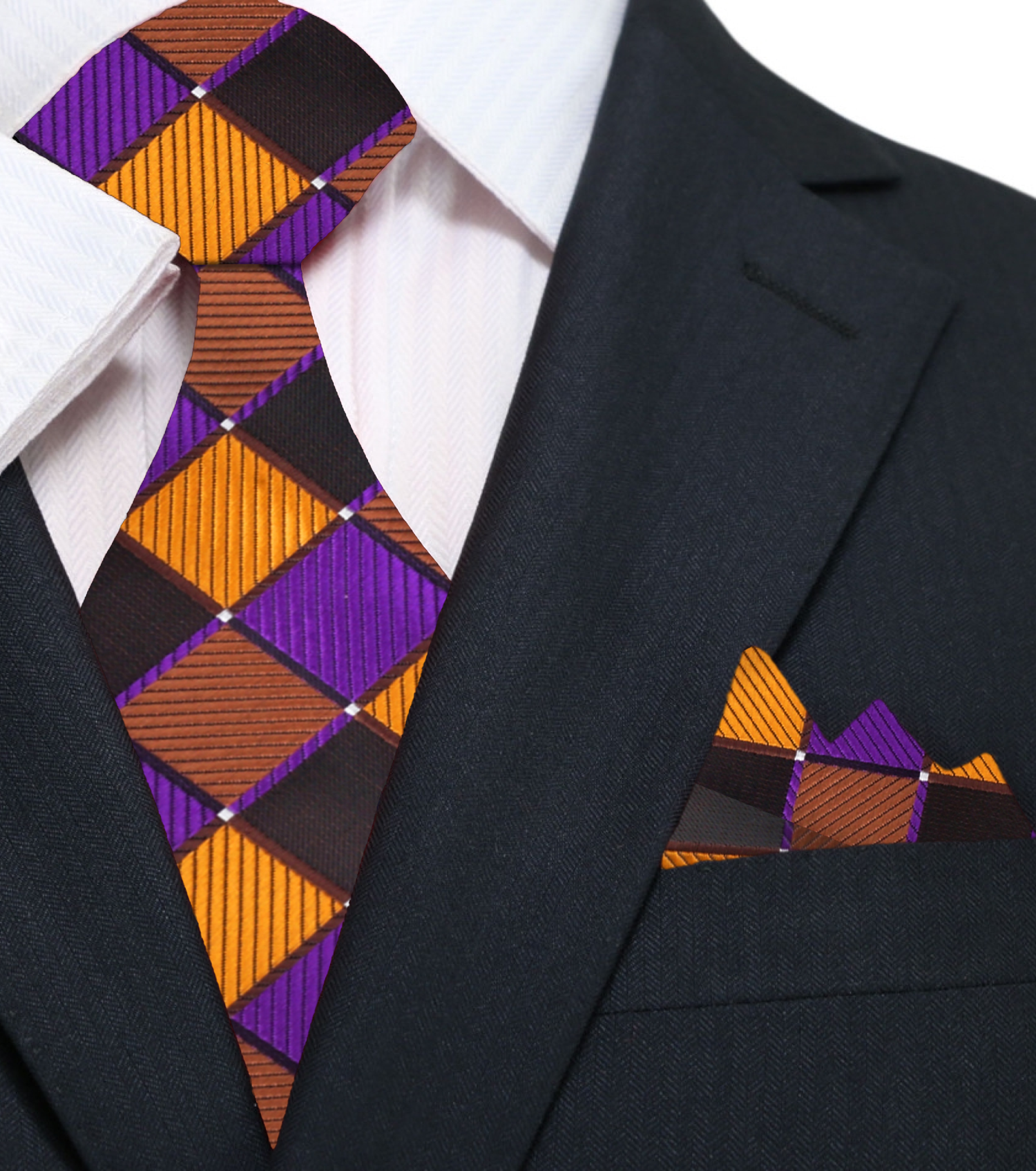 Purple, Gold, Brown Geometric Tie and Pocket Square