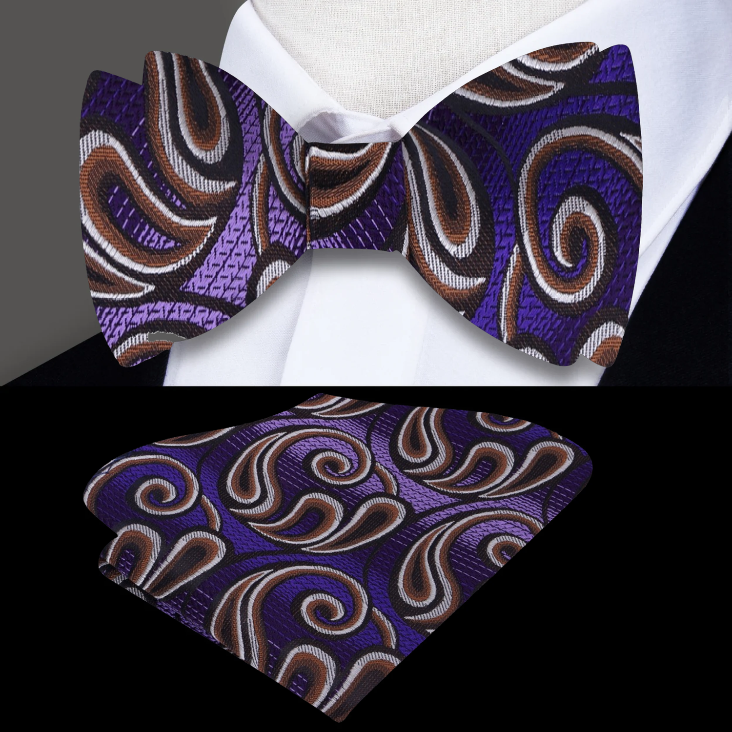 A Purple, Brown Paisley Pattern Silk Self Tie Bow Tie, Matching Pocket Square
