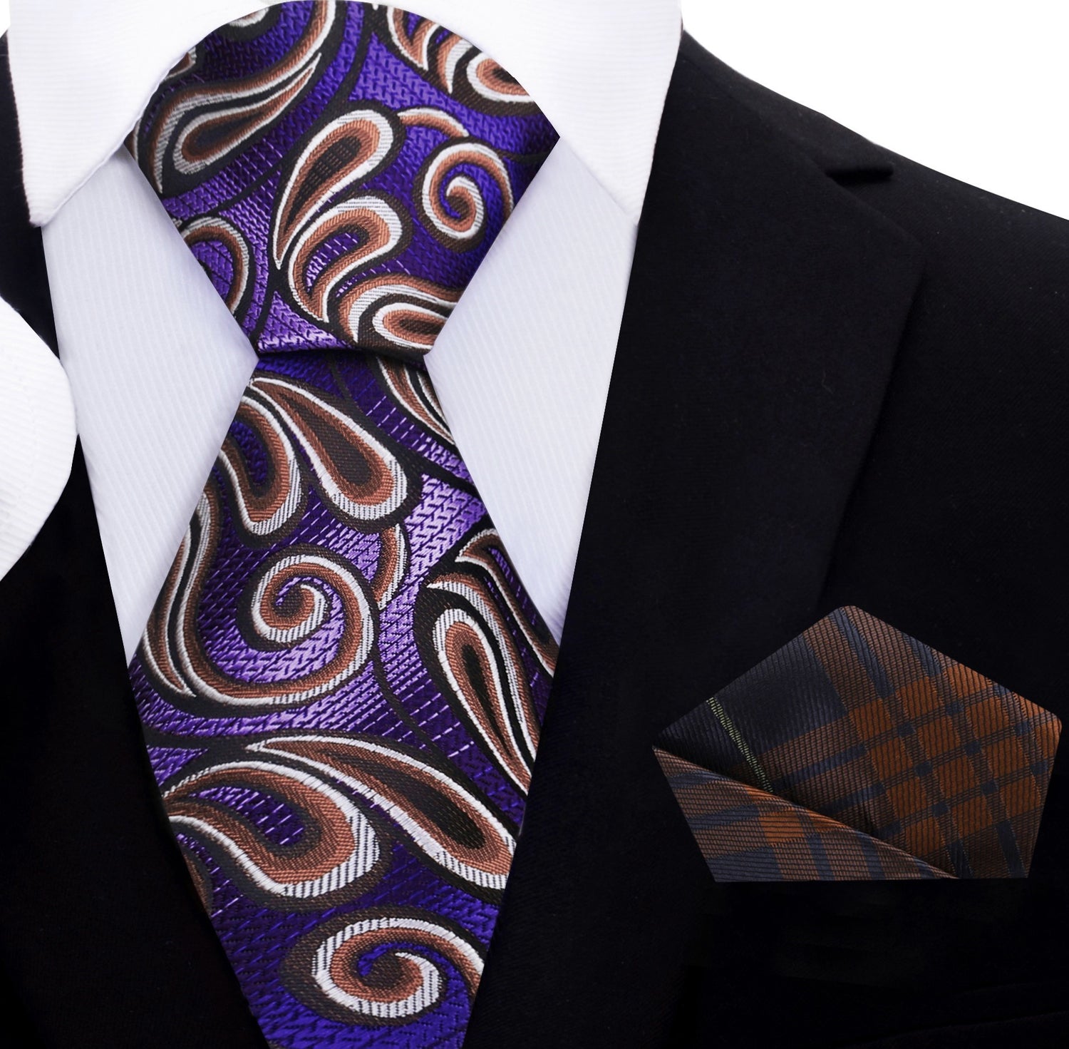 Purple and Brown Paisley Tie and Brown blue Plaid Square
