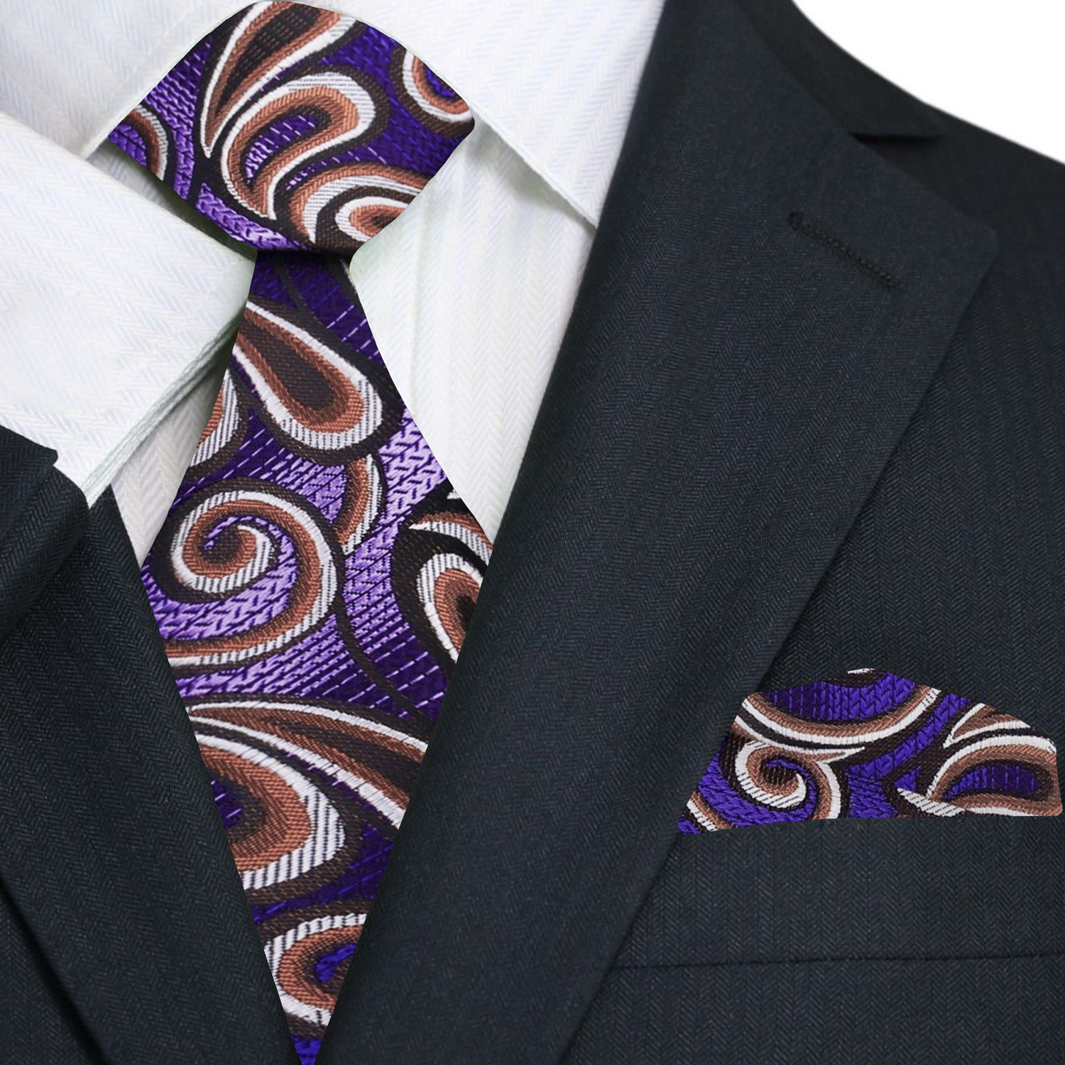 A Dark Purple, Purple, Brown Paisley Pattern Silk Necktie And Square