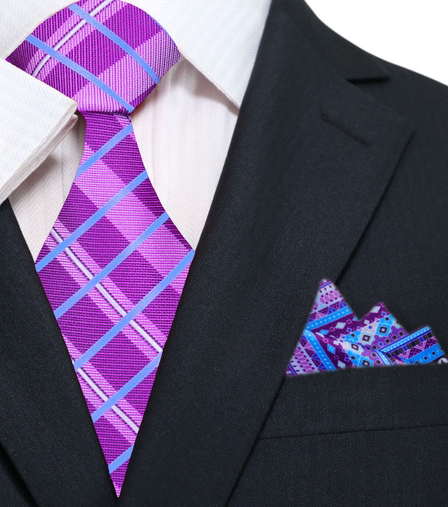 Main View; Purple Plaid Necktie with Purple, Blue, Pink Abstract Pocket Square