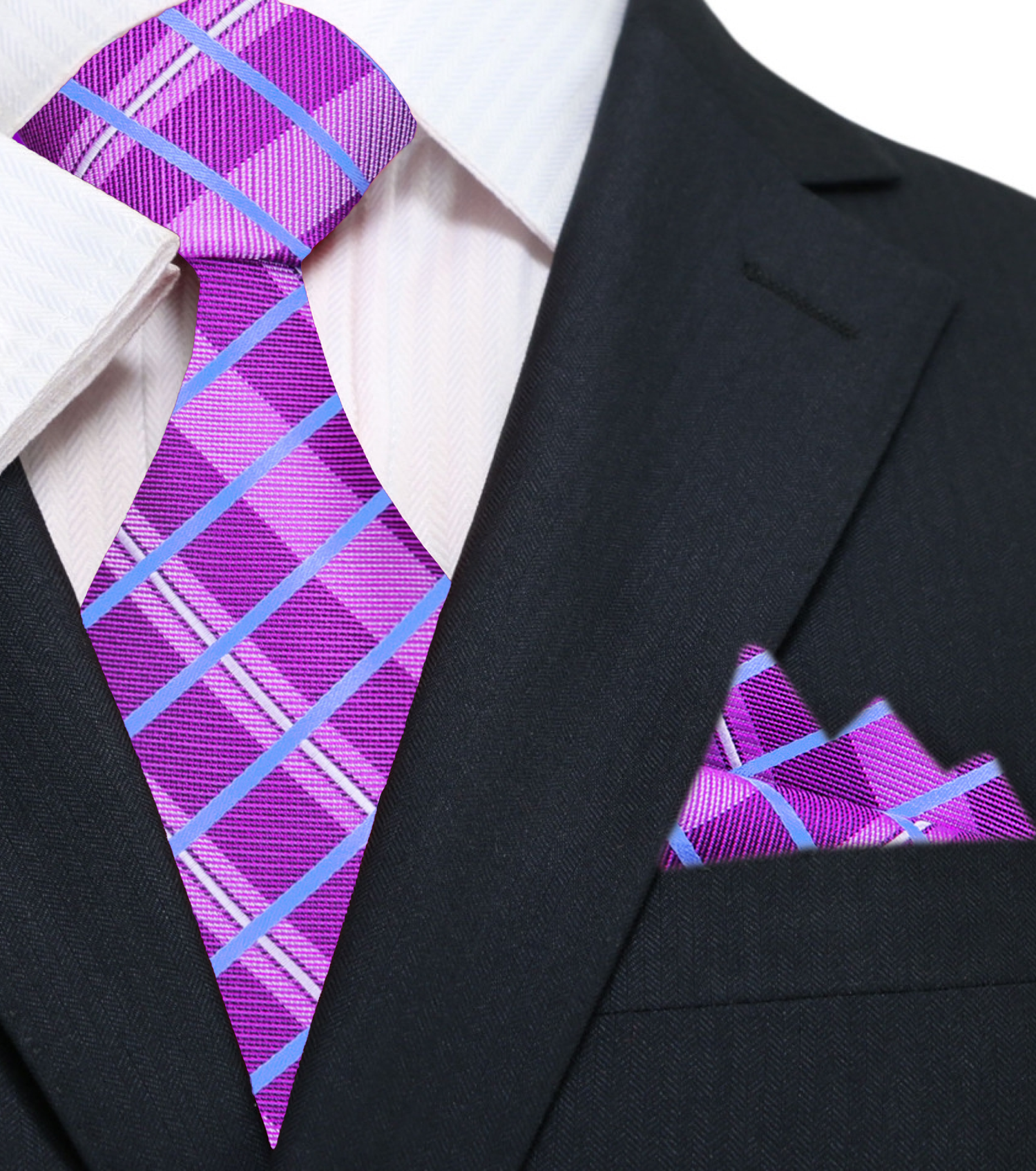 Main View: A Light Purple, Light Blue Plaid Pattern Silk Necktie and Matching Square